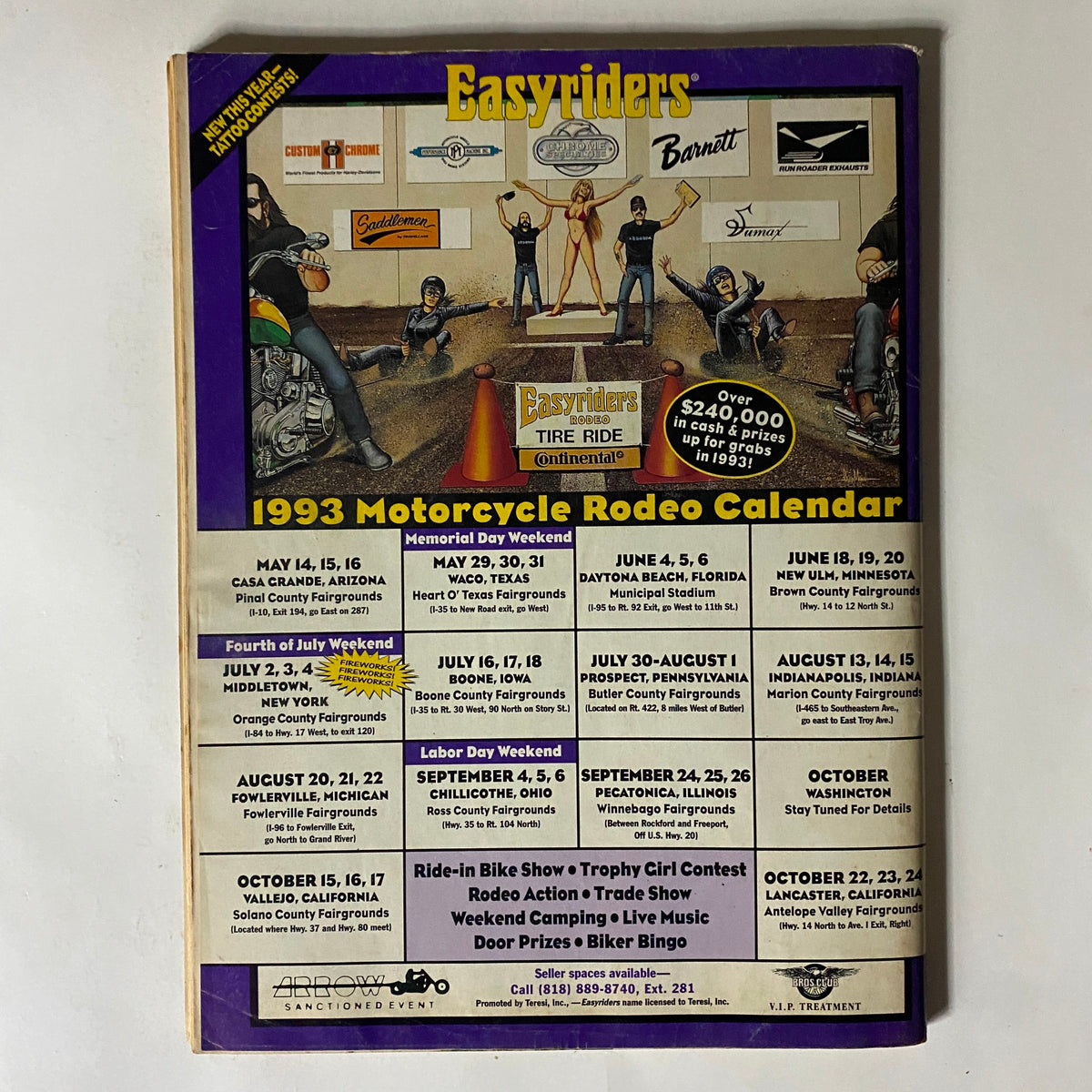 Back cover of Easyriders Magazine June 1993 featuring a motorcycle rodeo calendar along with promotional graphics for events. Vintage magazine for motorcycle events and culture.