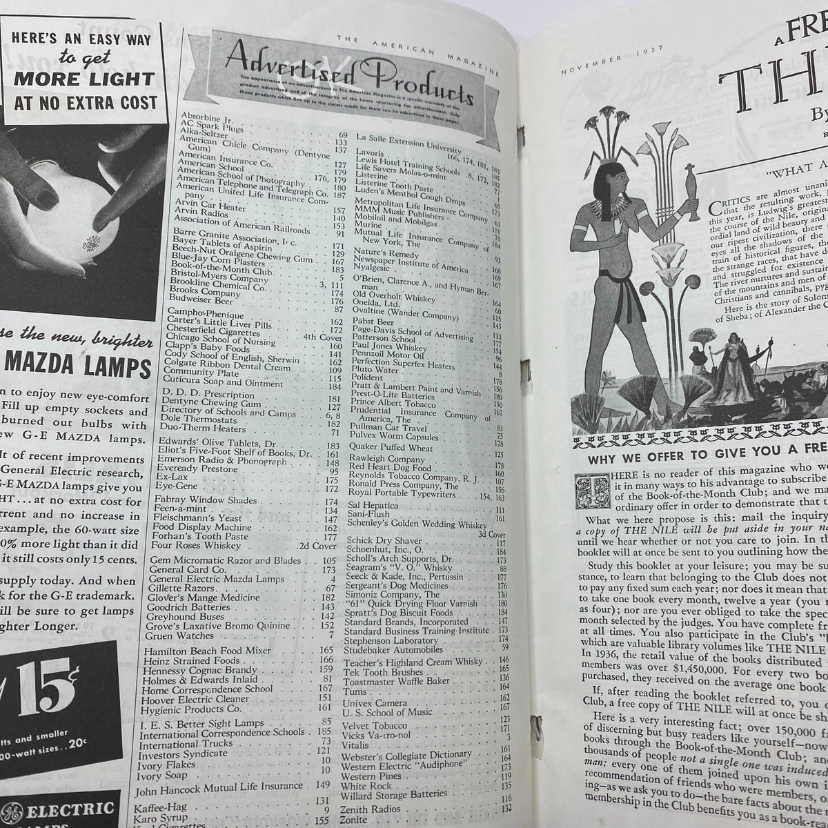 Interior page from VTG The American Magazine November 1937 featuring a list of advertised products, showcasing the historical advertising style of the late 1930s.