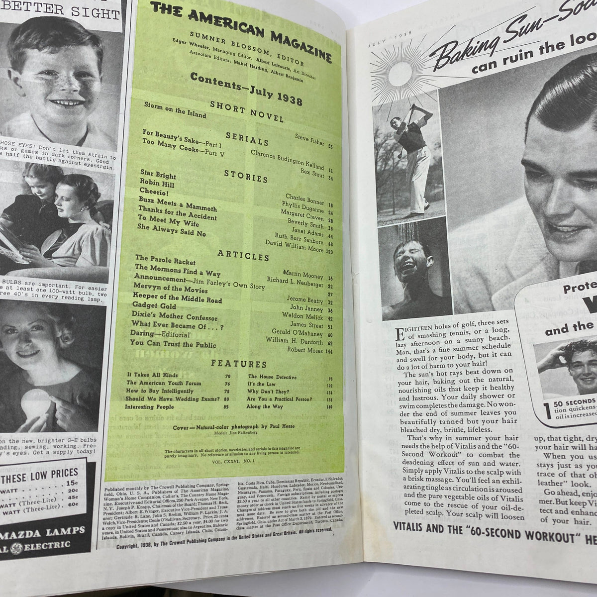 Contents page of VTG The American Magazine July 1938, listing articles and stories reflecting the culture and lifestyle of the late 1930s.