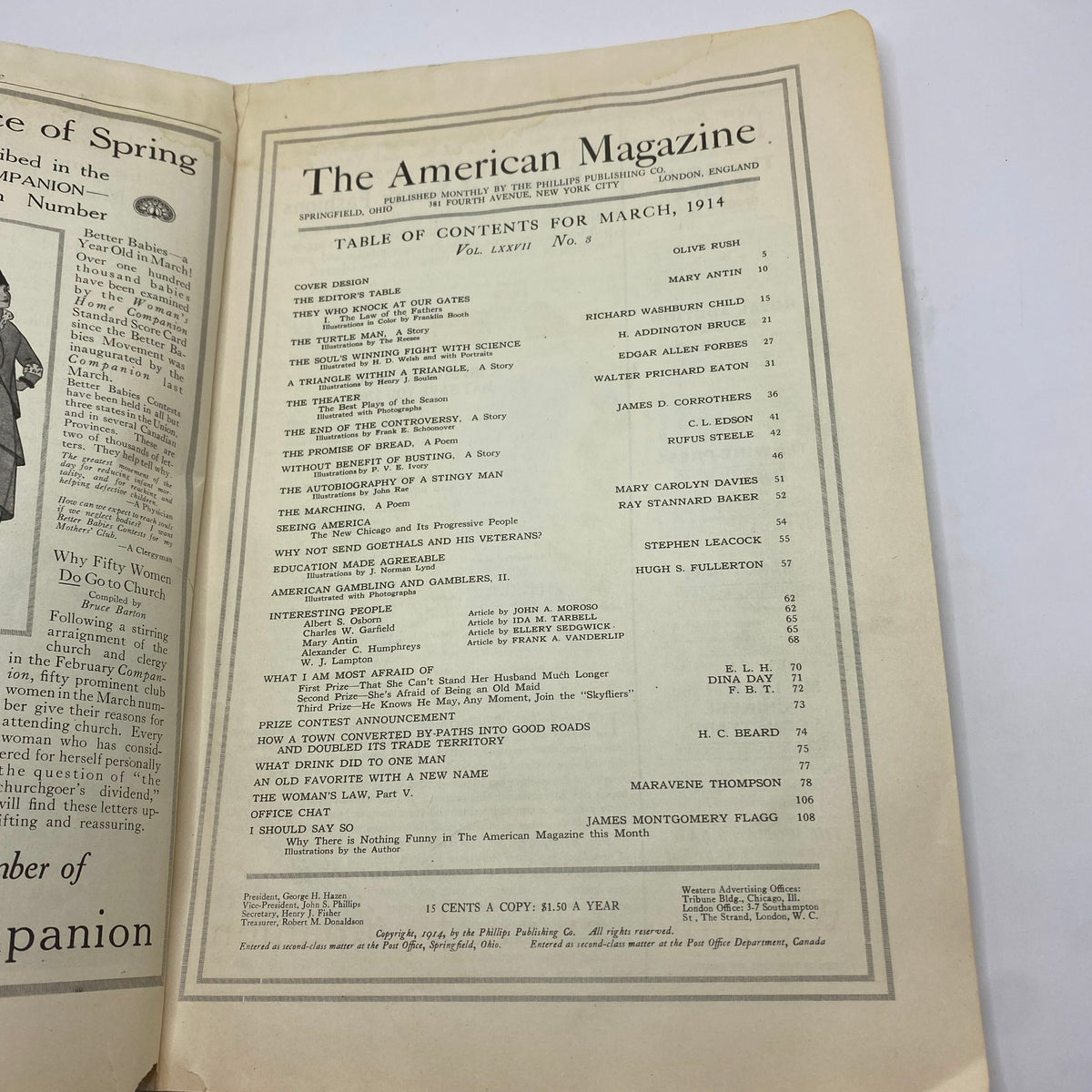 Table of contents page from The American Magazine, March 1914 issue titled 'They Who Knock at Our Gates', detailing featured articles and topics.