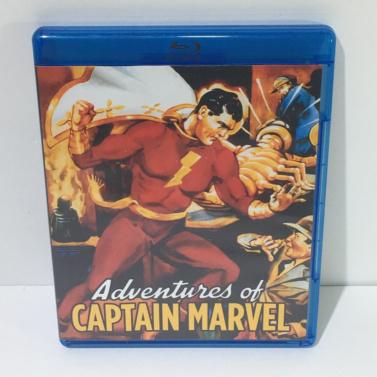 Adventures of Captain Marvel Blu-Ray Disc cover showcasing iconic superhero artwork and vintage design.