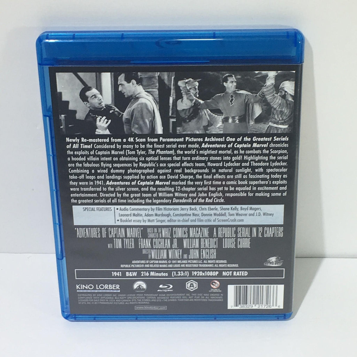 Back cover of the Adventures of Captain Marvel Blu-Ray Disc featuring details about the film and special features.