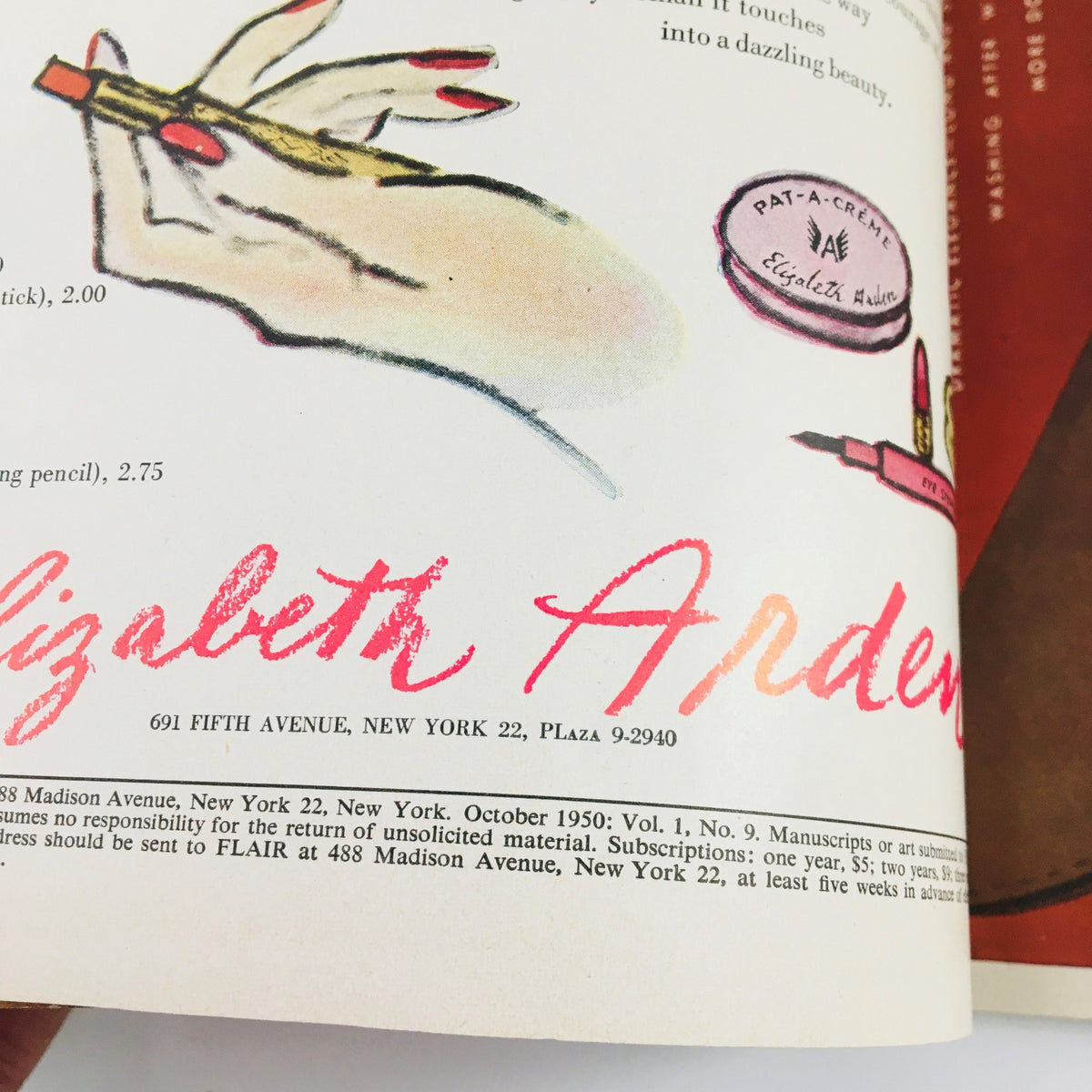 Interior page of VTG Flair Magazine October 1950 Vol. 1 No. 9 featuring an advertisement for Elizabeth Arden cosmetics with stylish illustrations.