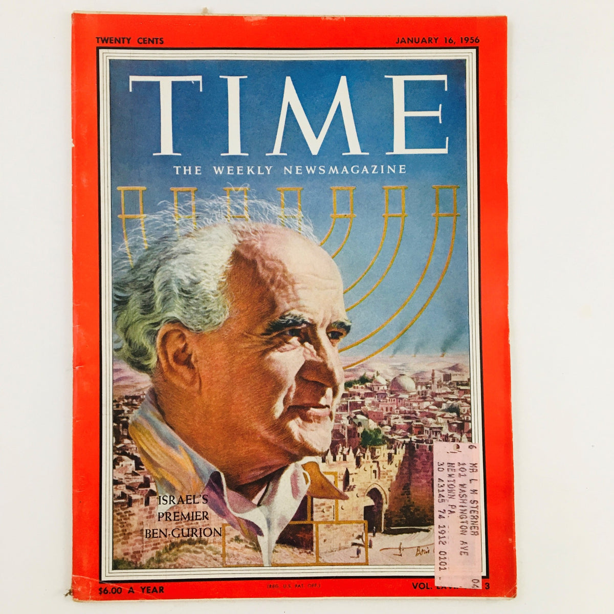 Vintage Time Magazine cover from January 16, 1956, Vol. 67 No. 3 featuring Israel's Premier Ben Gurion. The illustration displays significant cultural and historical elements, showcasing the magazine's focus on geopolitical topics of the mid-20th century.