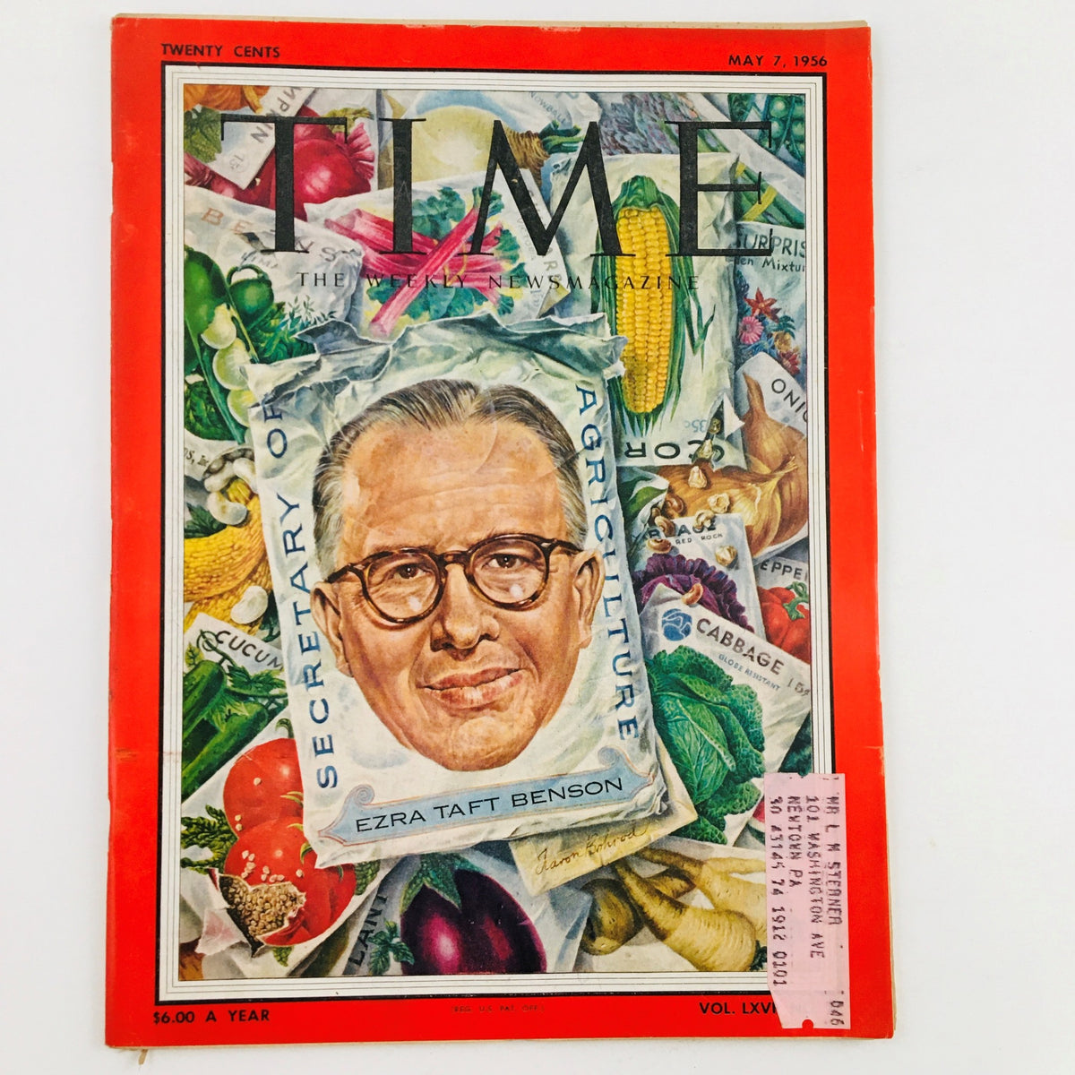 VTG Time Magazine dated May 7, 1956, featuring Secretary of Agriculture Ezra Taft Benson on the cover, surrounded by a colorful array of vegetables, with a price tag visible.