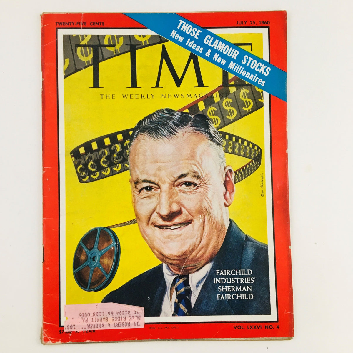 VTG Time Magazine July 25 1960 Vol 76 #4 featuring Fairchild Industries' Sherman Fairchild on the cover. The magazine showcases a vibrant illustration of Fairchild, highlighted by a colorful background with film reels and dollar signs, emphasizing themes of new ideas and millionaires.