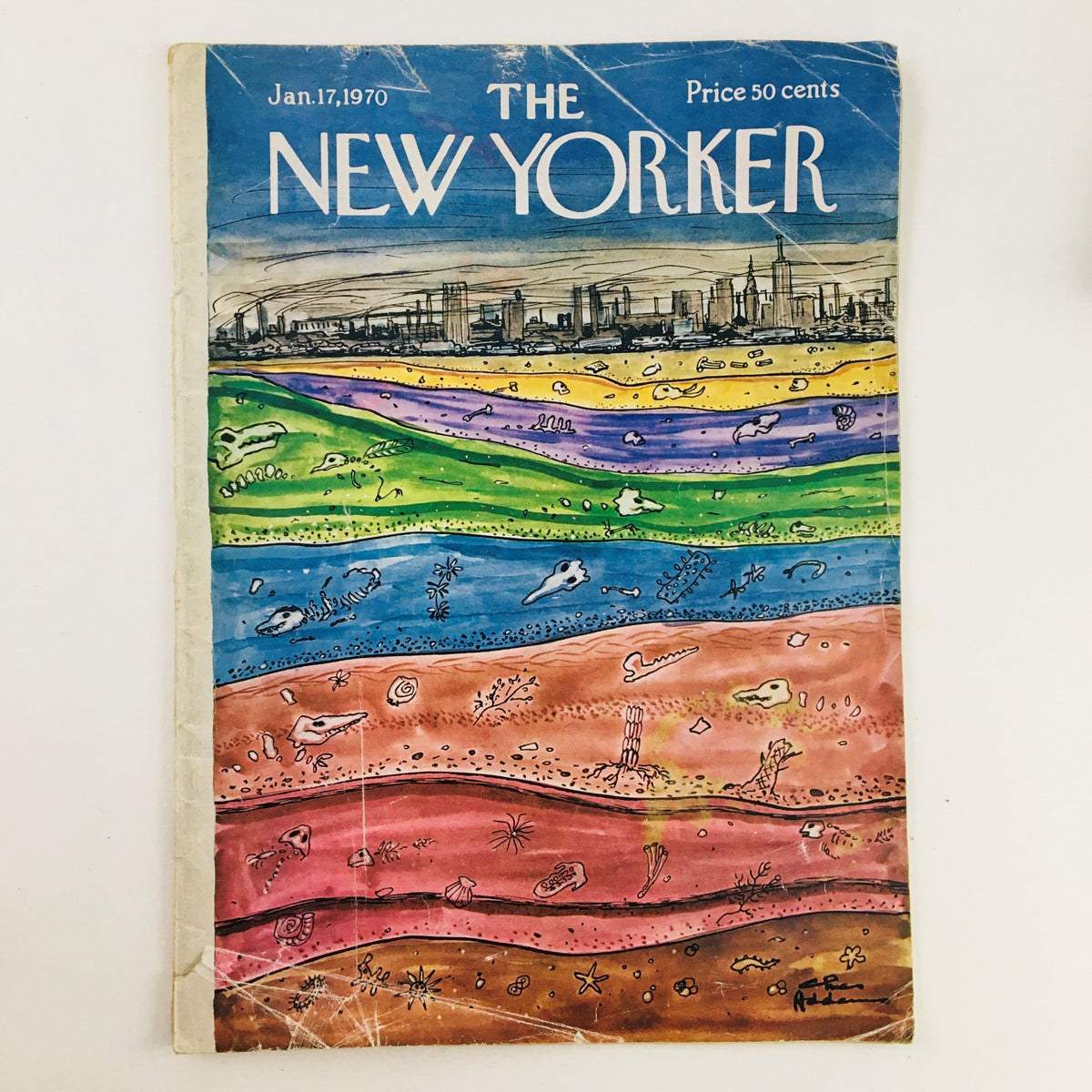 Cover of The New Yorker Magazine from January 17, 1970, illustrated by Charles Addams, featuring a colorful landscape with various fossils, showcasing Addams' unique artistic style.
