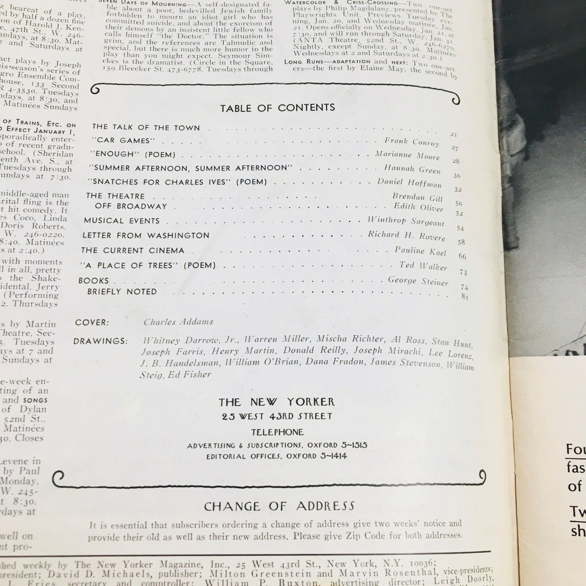 Table of contents from The New Yorker Magazine January 17 1970 showcasing various articles and contributions, with the cover by Charles Addams highlighted.