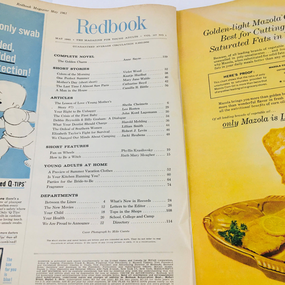 Table of contents in Redbook Magazine May 1961. This page lists various articles, including topics on love and the cultural climate of the 1960s.