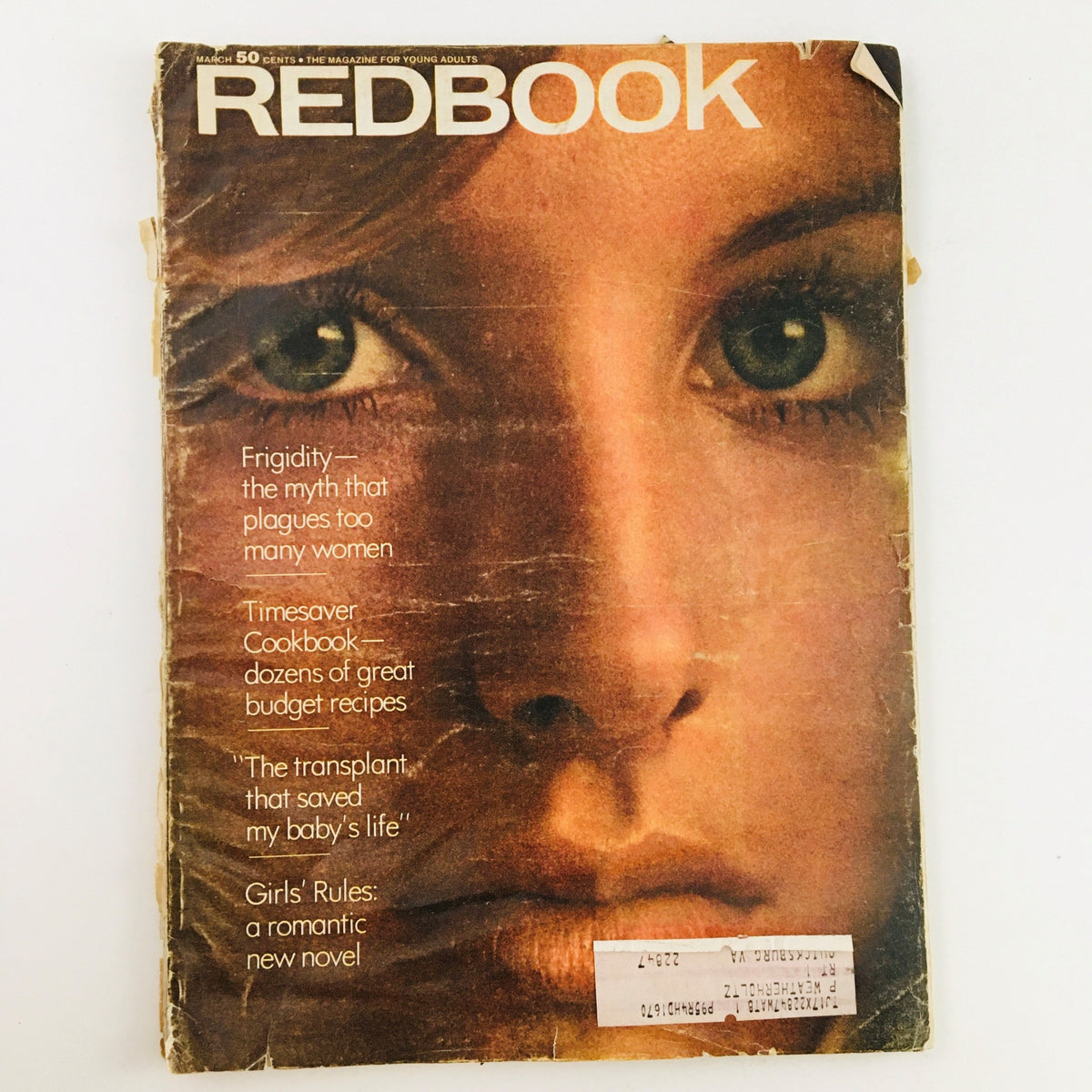 Cover photograph of Redbook Magazine from March 1969 featuring Scotia McRae, showcasing a close-up of a woman's face with prominent eyes and vintage style.
