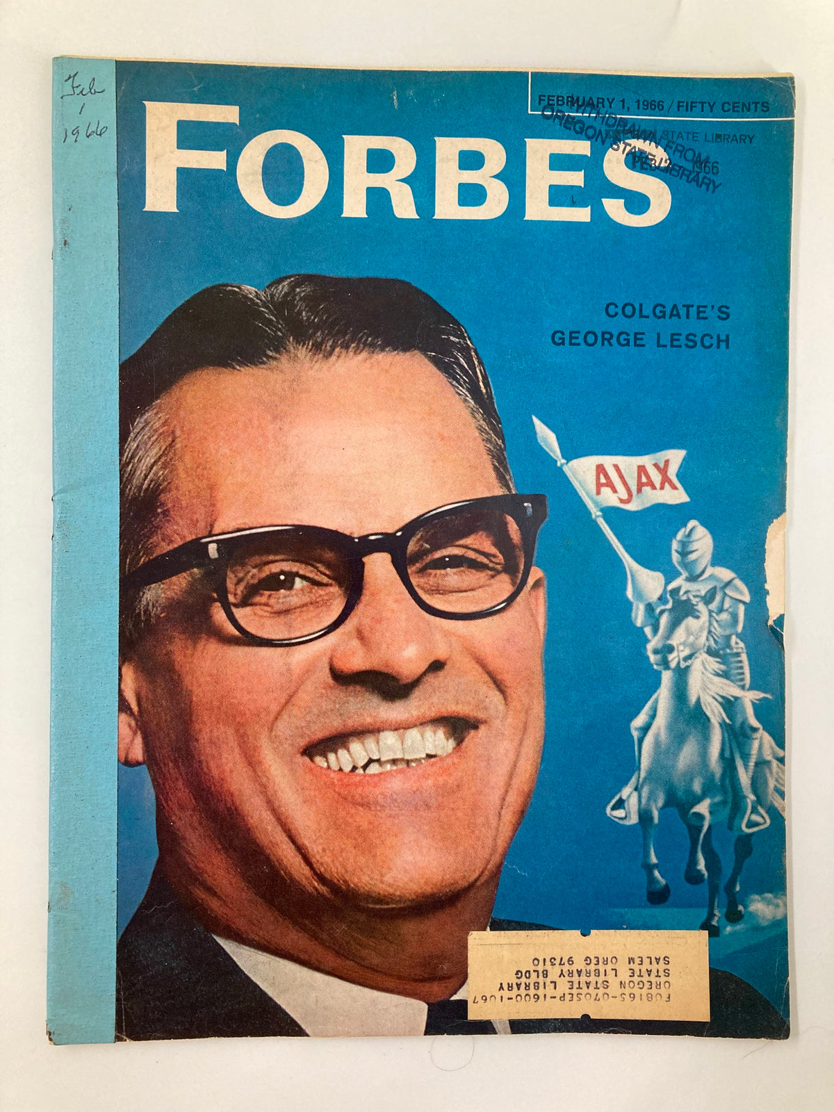 Cover of VTG Forbes Magazine February 1 1966 featuring Colgate's George Lesch, showcasing a smiling man with glasses and a knight holding an AJAX flag.