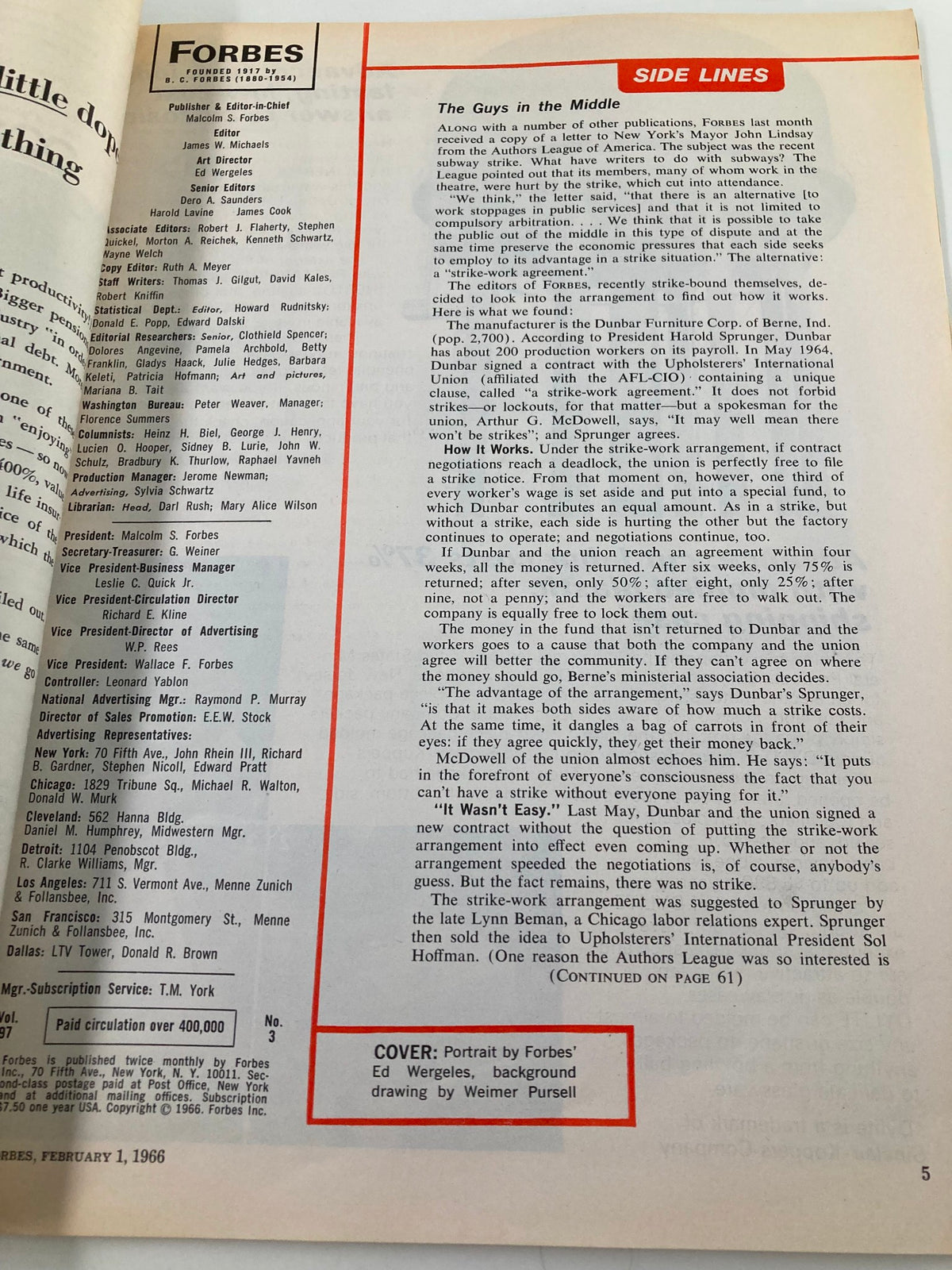 Interior page of VTG Forbes Magazine from February 1, 1966, featuring an article titled 'The Guys in the Middle', highlighting business practices and featuring editorial notes.