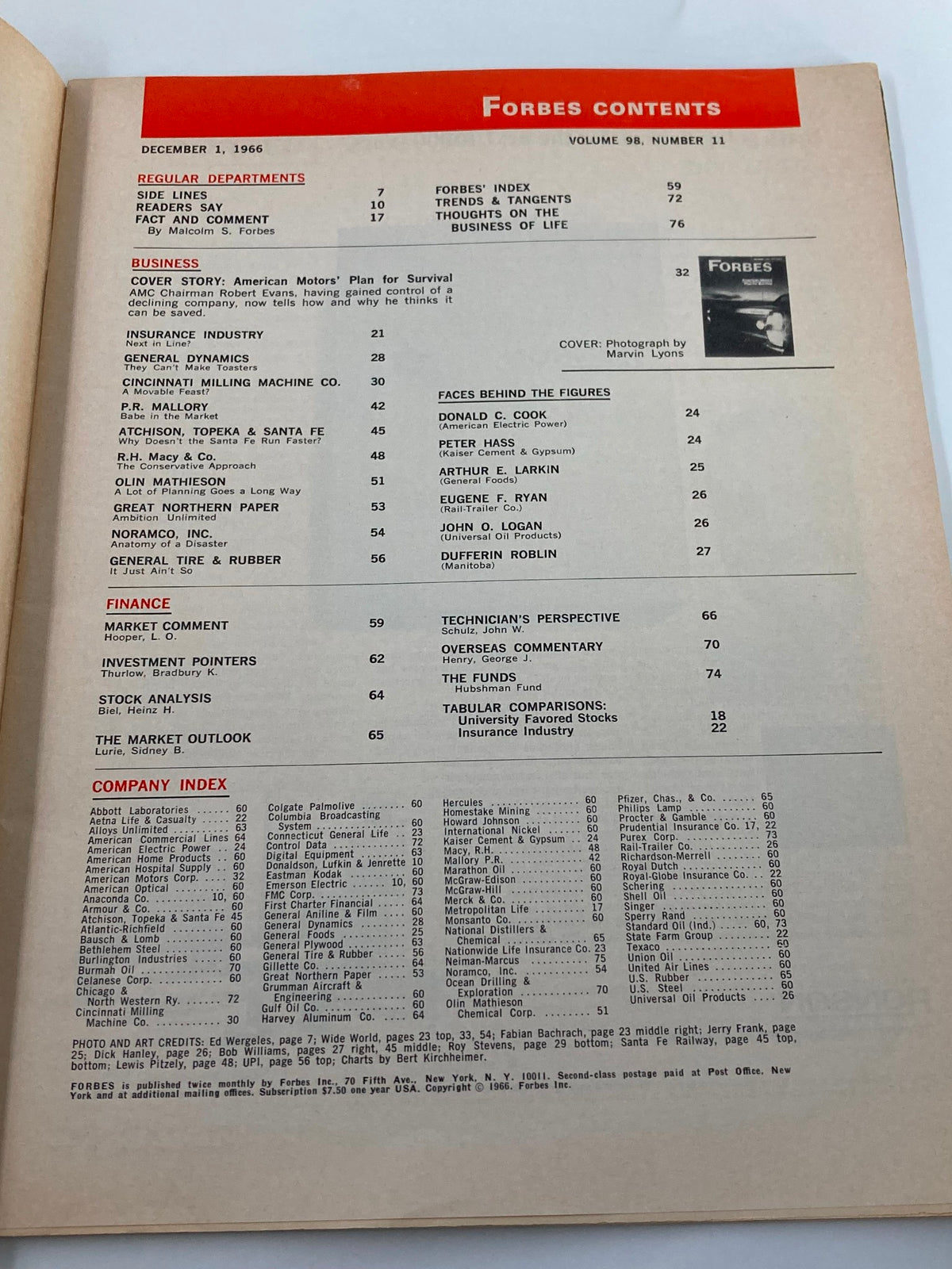 Contents page of VTG Forbes Magazine, December 1, 1966, outlining articles including 'American Motors Plan for Survival' and financial insights.