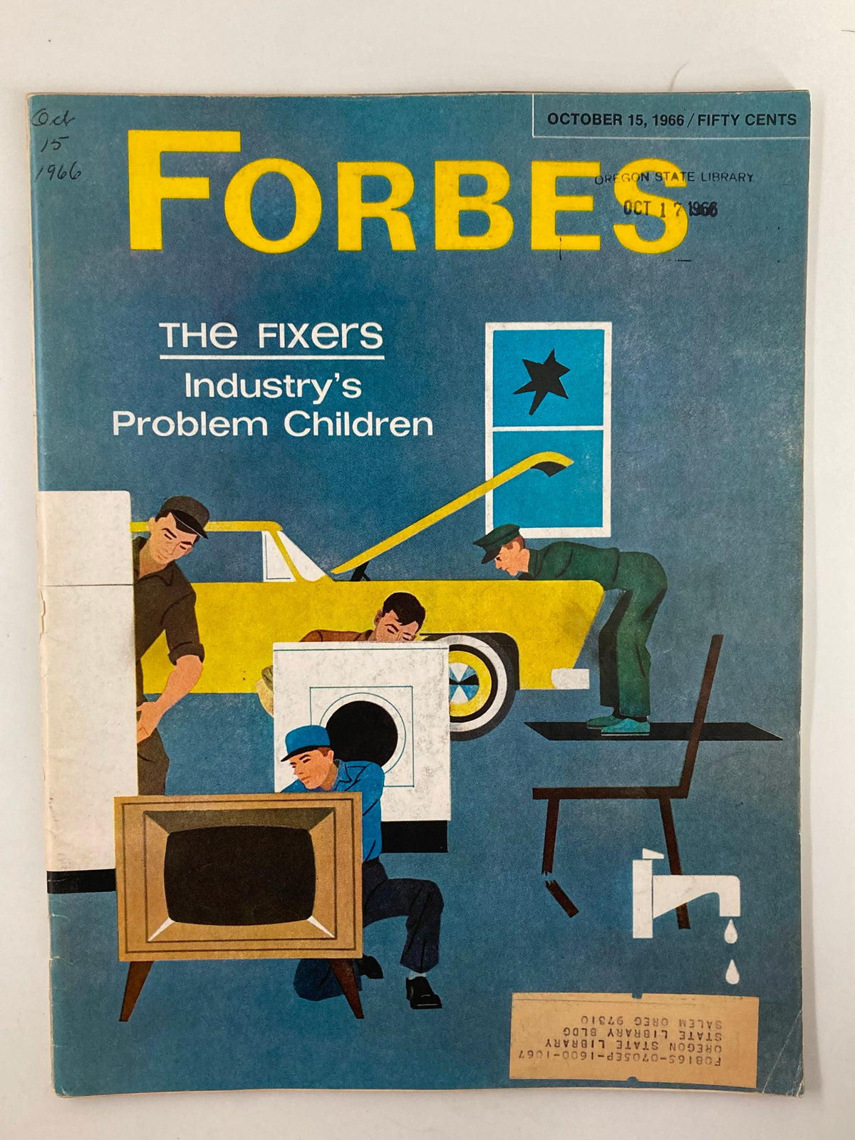 Cover of VTG Forbes Magazine from October 15, 1966, titled 'The Fixers: Industry's Problem Children' featuring a colorful illustration of men working on various appliances.