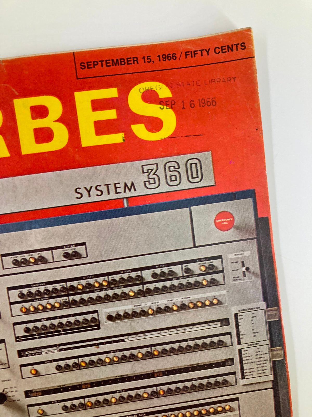 Close-up of the VTG Forbes Magazine September 15 1966 cover with emphasis on the IBM System 360 and publication details.