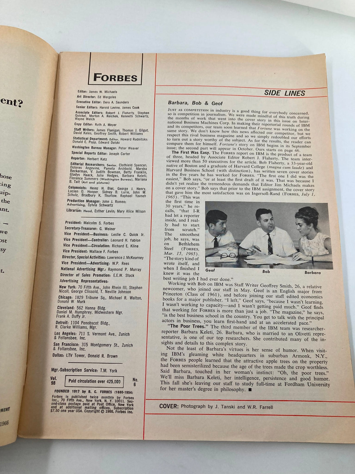 Interior page of the VTG Forbes Magazine September 15 1966, featuring content and editorial staff information.