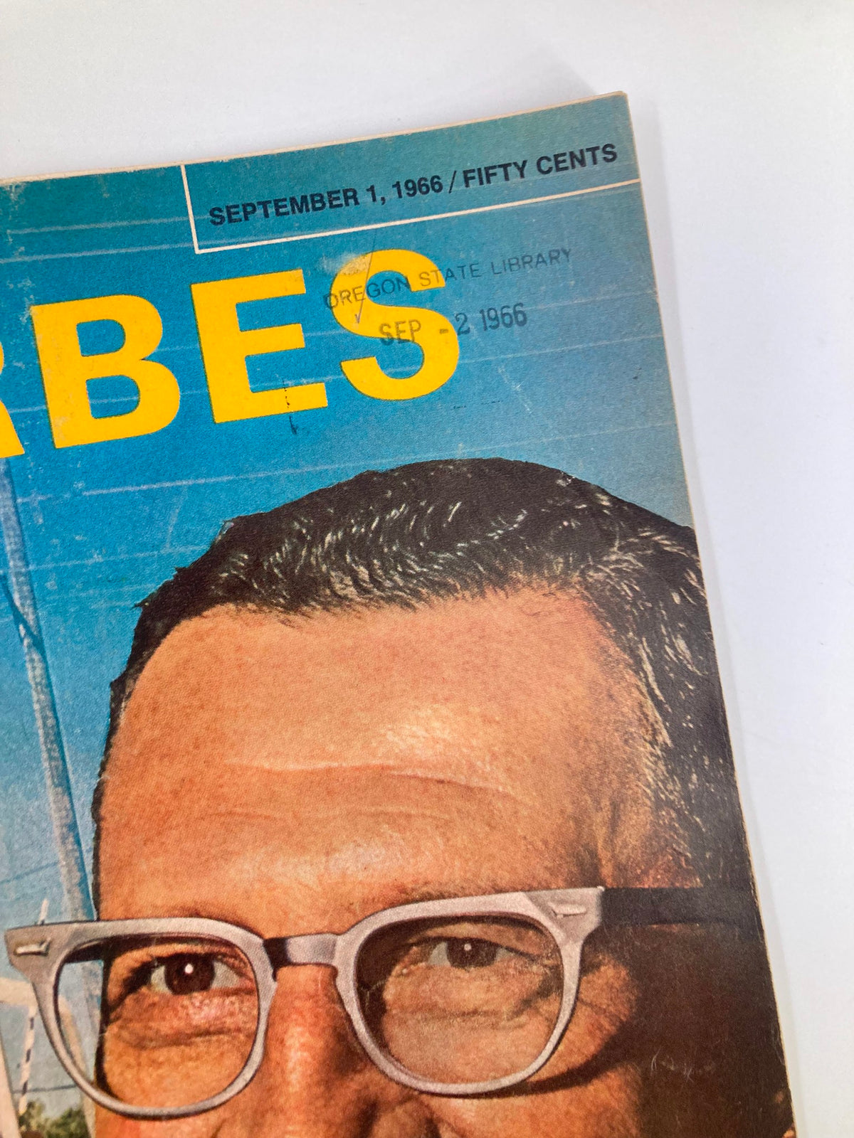Cover of the vintage Forbes Magazine from September 1, 1966, featuring a date stamp and significant wear, showcasing its historical significance.