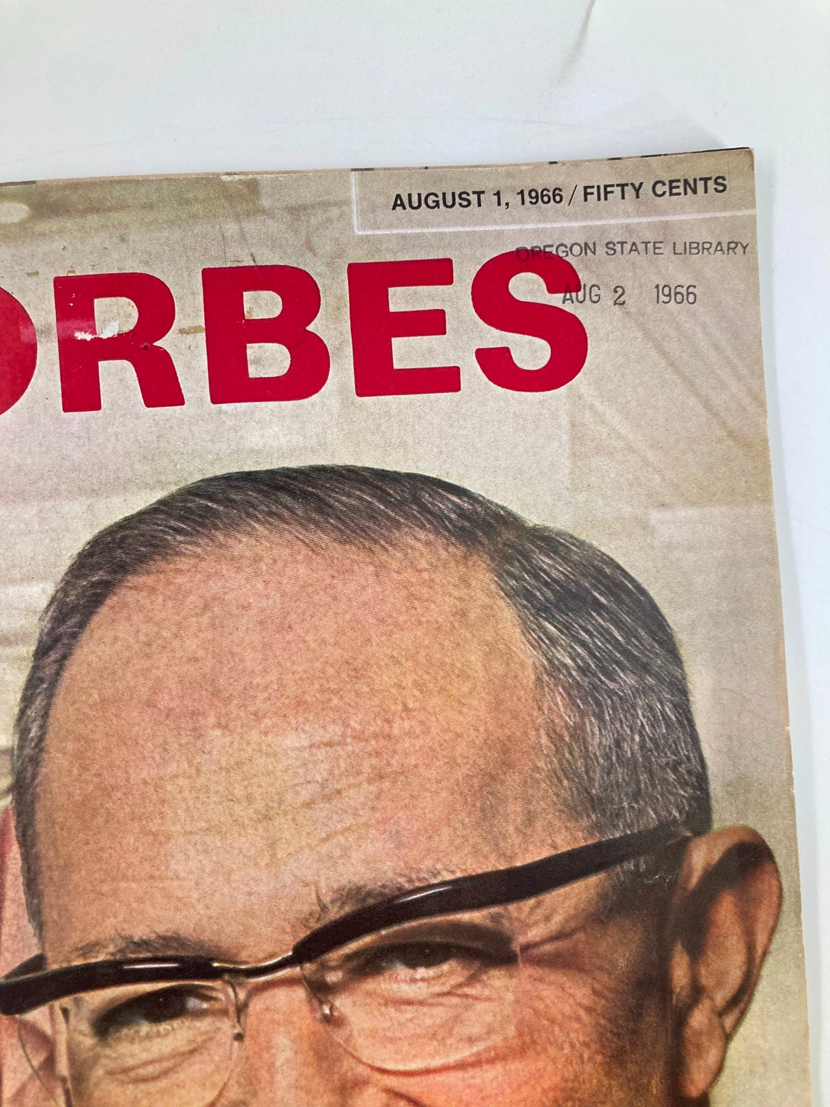 Detailed close-up of the cover of VTG Forbes Magazine August 1 1966, highlighting the publication date and library label, with Theodore Schlesinger's featured portrait.