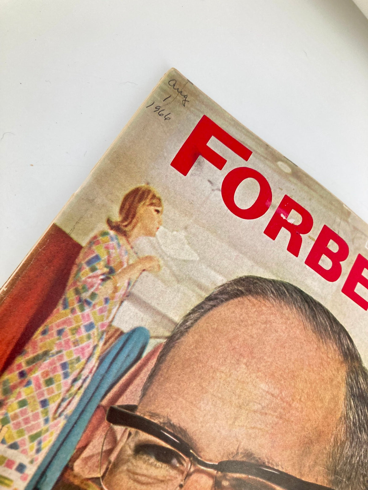 Top section of VTG Forbes Magazine August 1 1966 cover, emphasizing the date and editorial design, along with a glimpse of the main image of Theodore Schlesinger.