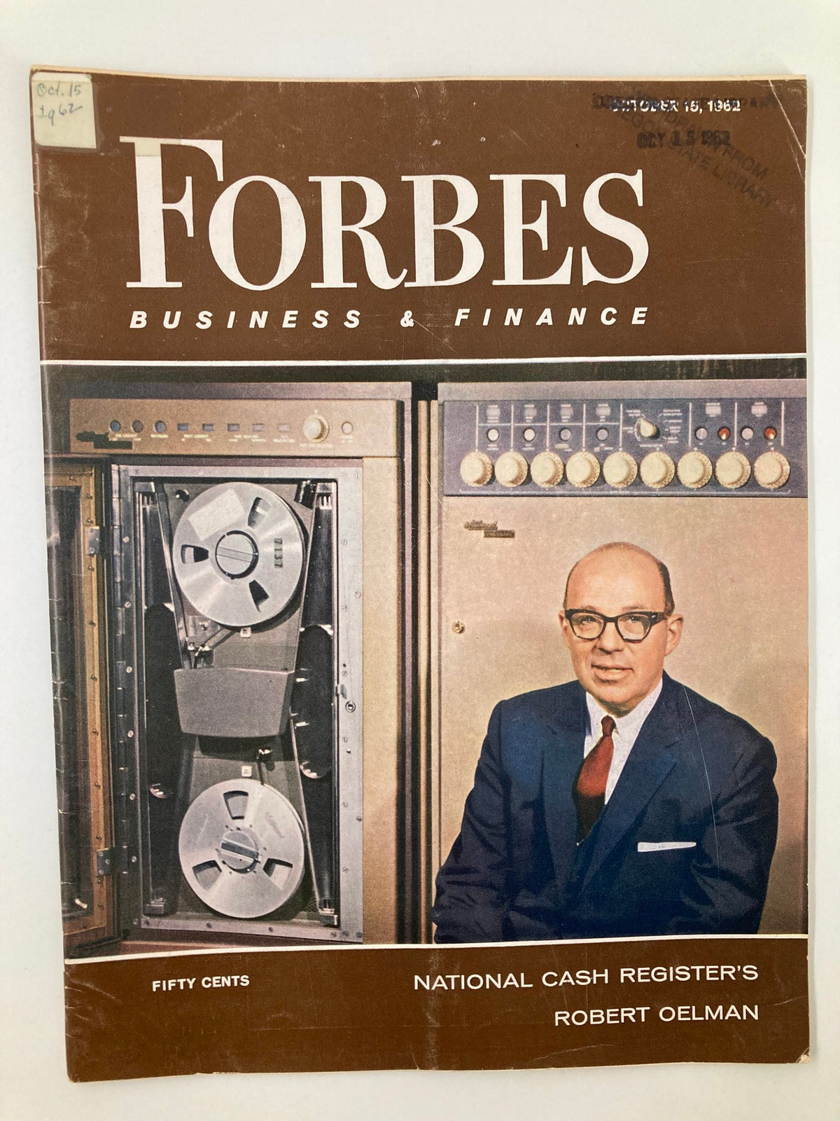 Vintage Forbes Magazine October 15 1962 featuring National Cash Register's Robert Oelman, showcasing a professional portrait and vintage business technology.