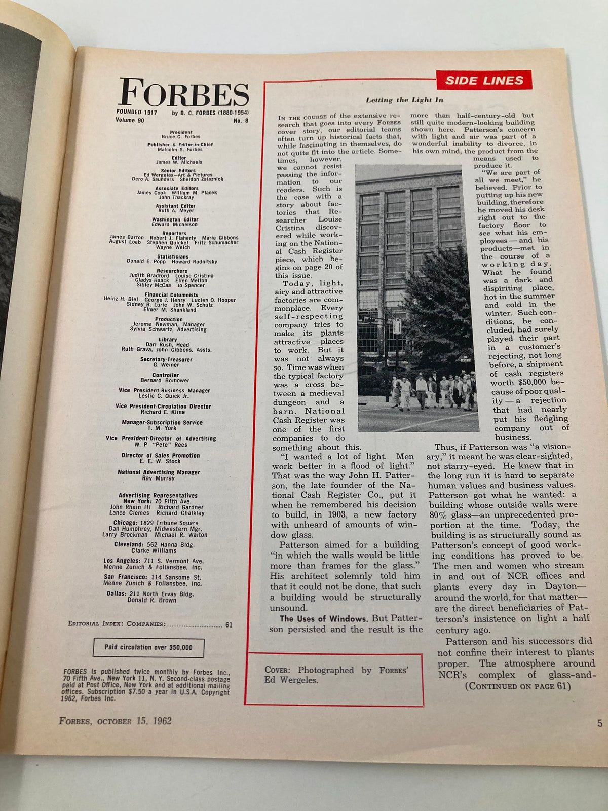 Interior page of VTG Forbes Magazine from October 15, 1962, showcasing the editorial team and articles, featuring National Cash Register's Robert Oelman, in good vintage condition with minor wear.