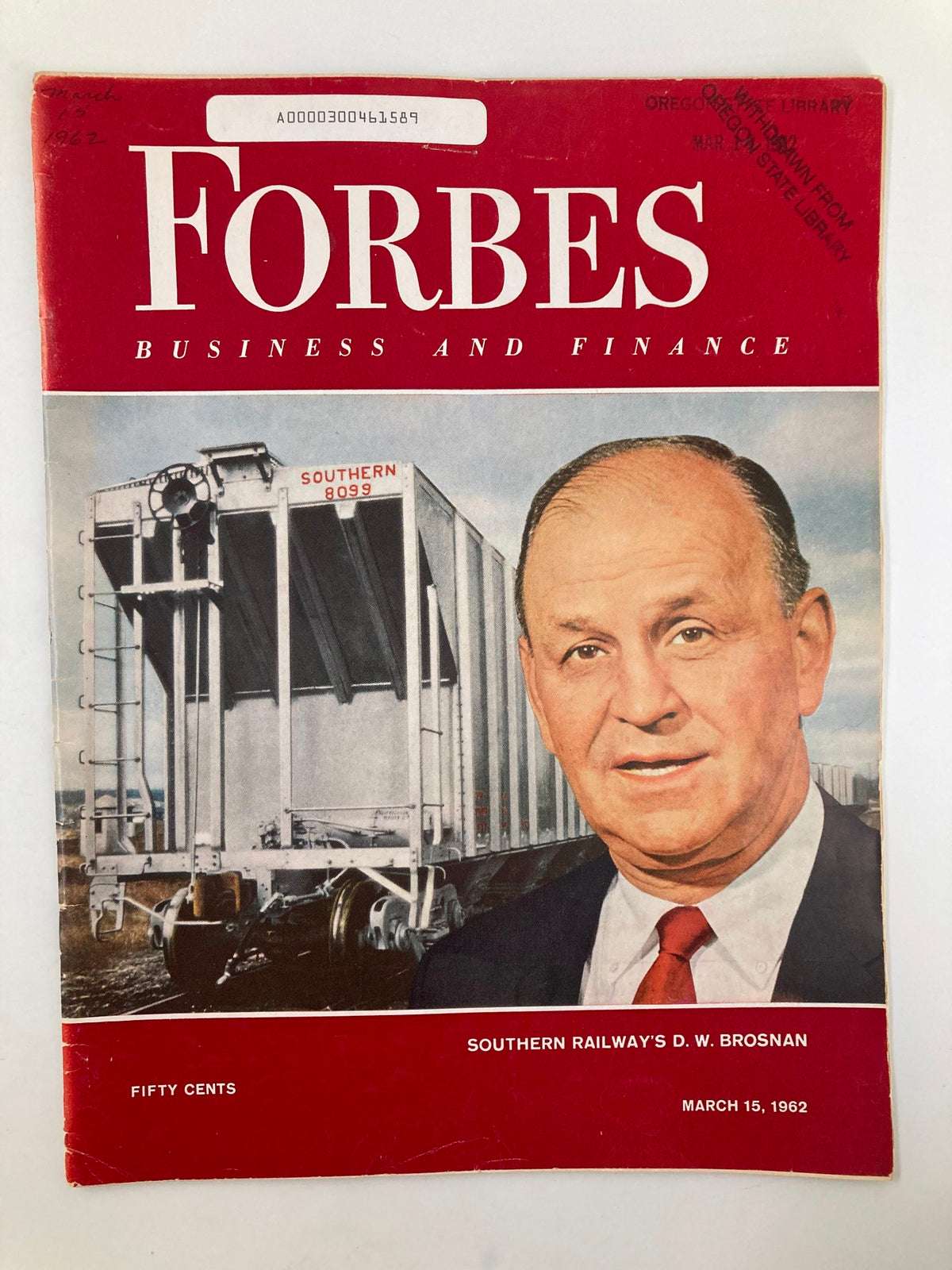 Cover of VTG Forbes Magazine March 15 1962 featuring Southern Railway's D.W. Brosnan, showcasing business and finance themes of the early 1960s.