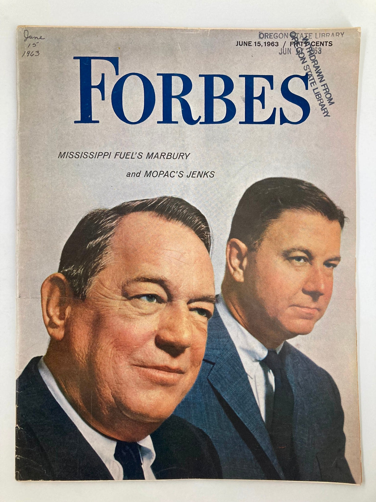 Cover of VTG Forbes Magazine June 15 1963 featuring Marbury and Mopac's Jenks, displaying two men with professional expressions, highlighting the business theme of the era.