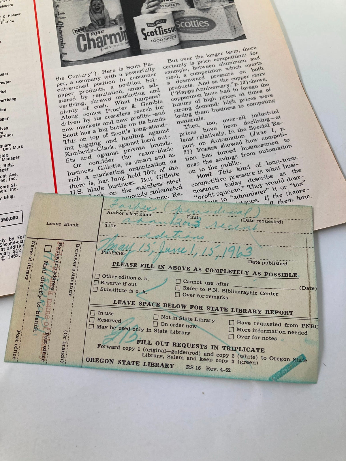 VTG Forbes Magazine June 15 1963 featuring a detailed library card from Oregon State Library, capturing historical context and vintage authenticity.