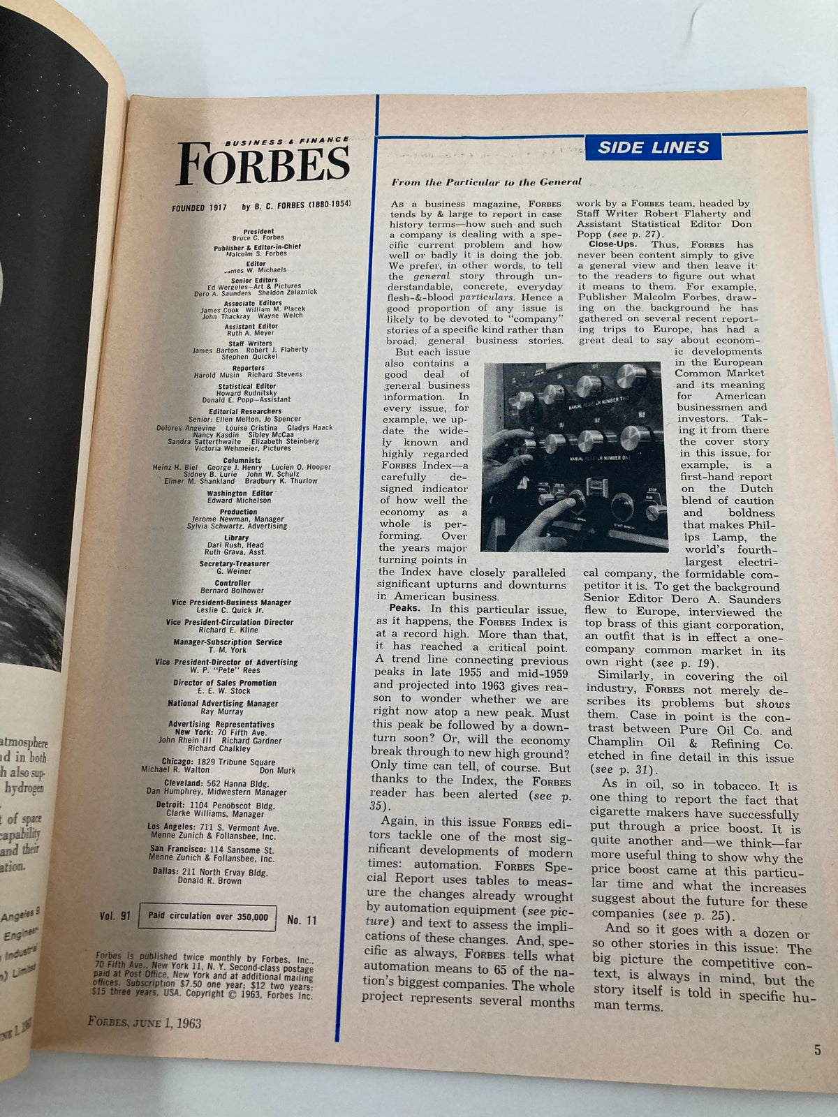 Inside page of VTG Forbes Magazine June 1, 1963, displaying the magazine's editorial team and articles list.