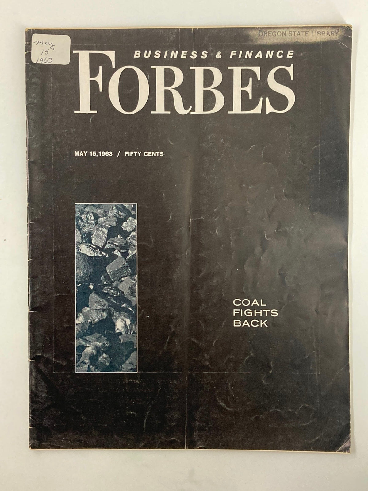 Vintage Forbes Magazine from May 15, 1963 titled 'The Coal Fights Back', showcasing a black cover with images of coal and the publication's title prominently displayed.