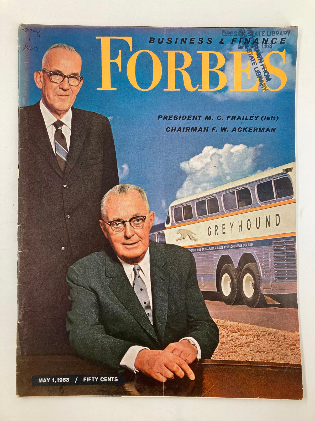Cover of VTG Forbes Magazine May 1 1963 featuring President M.C. Frailey and Chairman F.W. Ackerman with a Greyhound bus in the background.