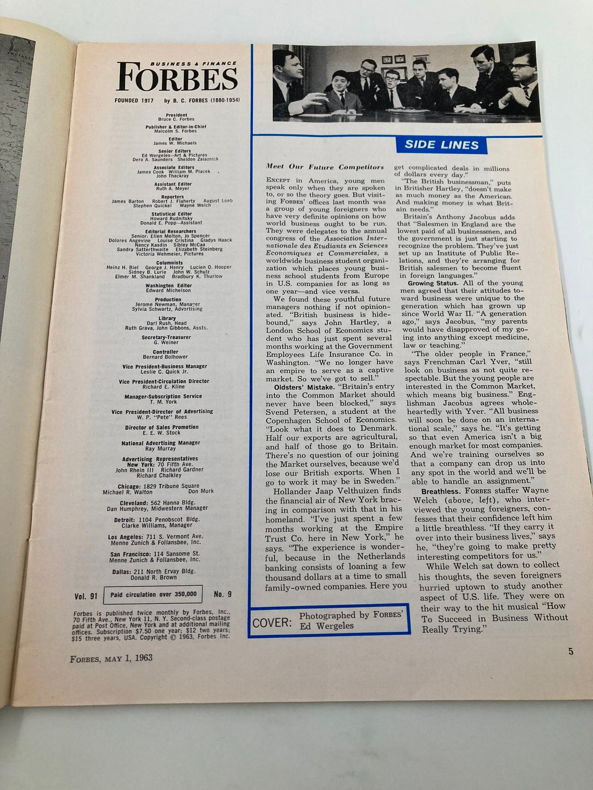 Interior page of VTG Forbes Magazine May 1 1963 displaying the contents and article highlights related to business and finance.