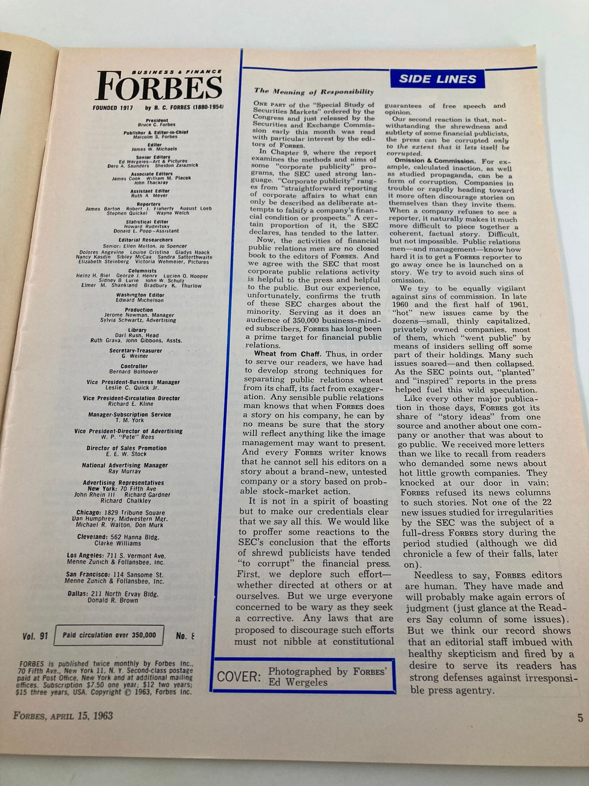 Interior page of the VTG Forbes Magazine April 15 1963 featuring the editorial section discussing corporate responsibility and public relations, highlighting insights relevant to the financial sector.