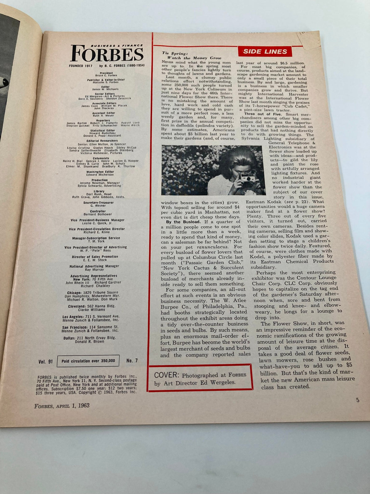 Interior page of VTG Forbes Magazine April 1 1963 showcasing magazine layout and content.
