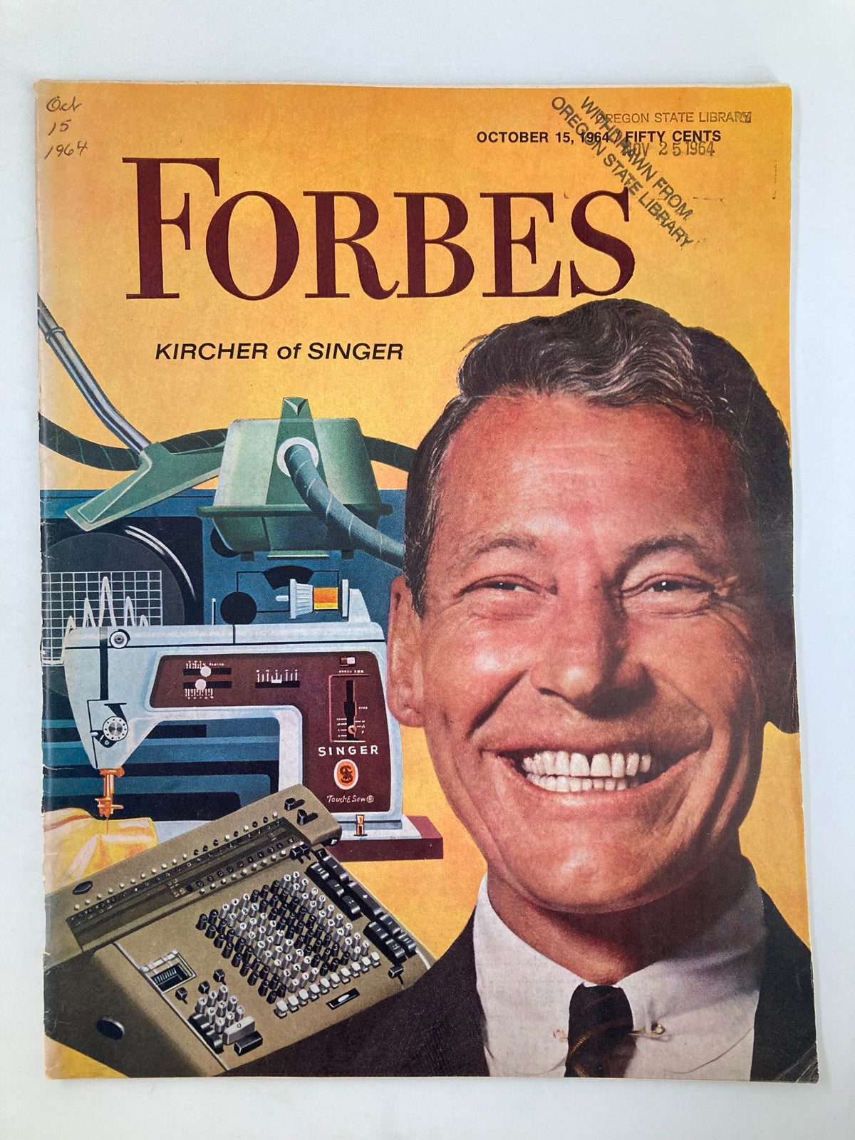 Vintage Forbes Magazine cover from October 15, 1964 featuring Donald P. Kircher of Singer, showcasing a smiling man with vintage sewing machines and a calculator in the background.