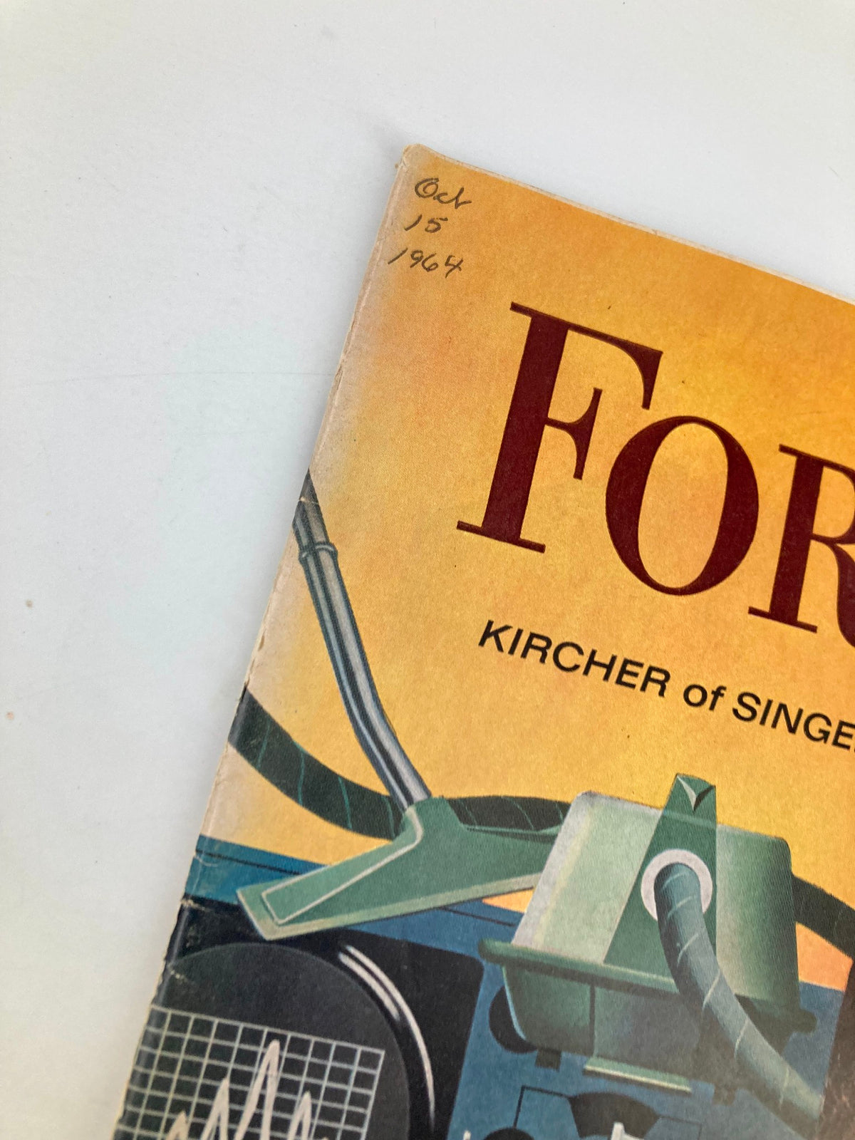 Cover of VTG Forbes Magazine October 15 1964 featuring the date and the title 'Kircher of Singer' with vintage design elements.