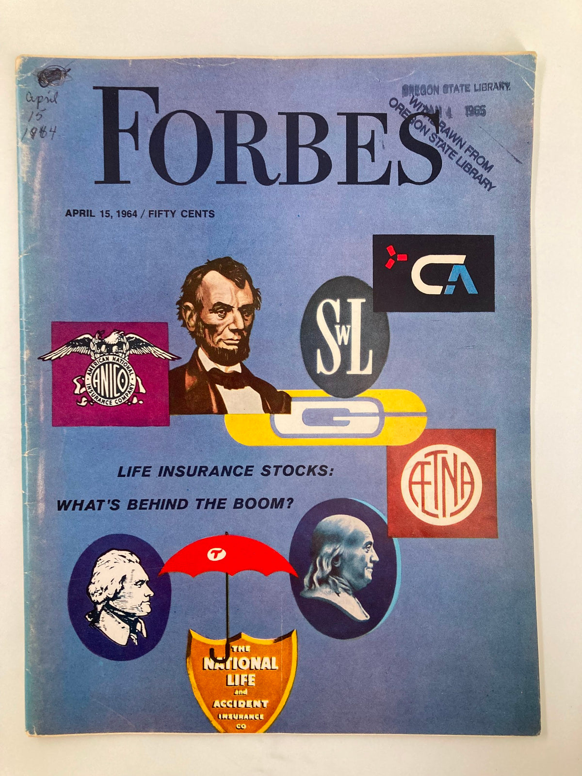 Cover of VTG Forbes Magazine April 15 1964 featuring a focus on life insurance stocks and various logos, including a depiction of Abraham Lincoln.