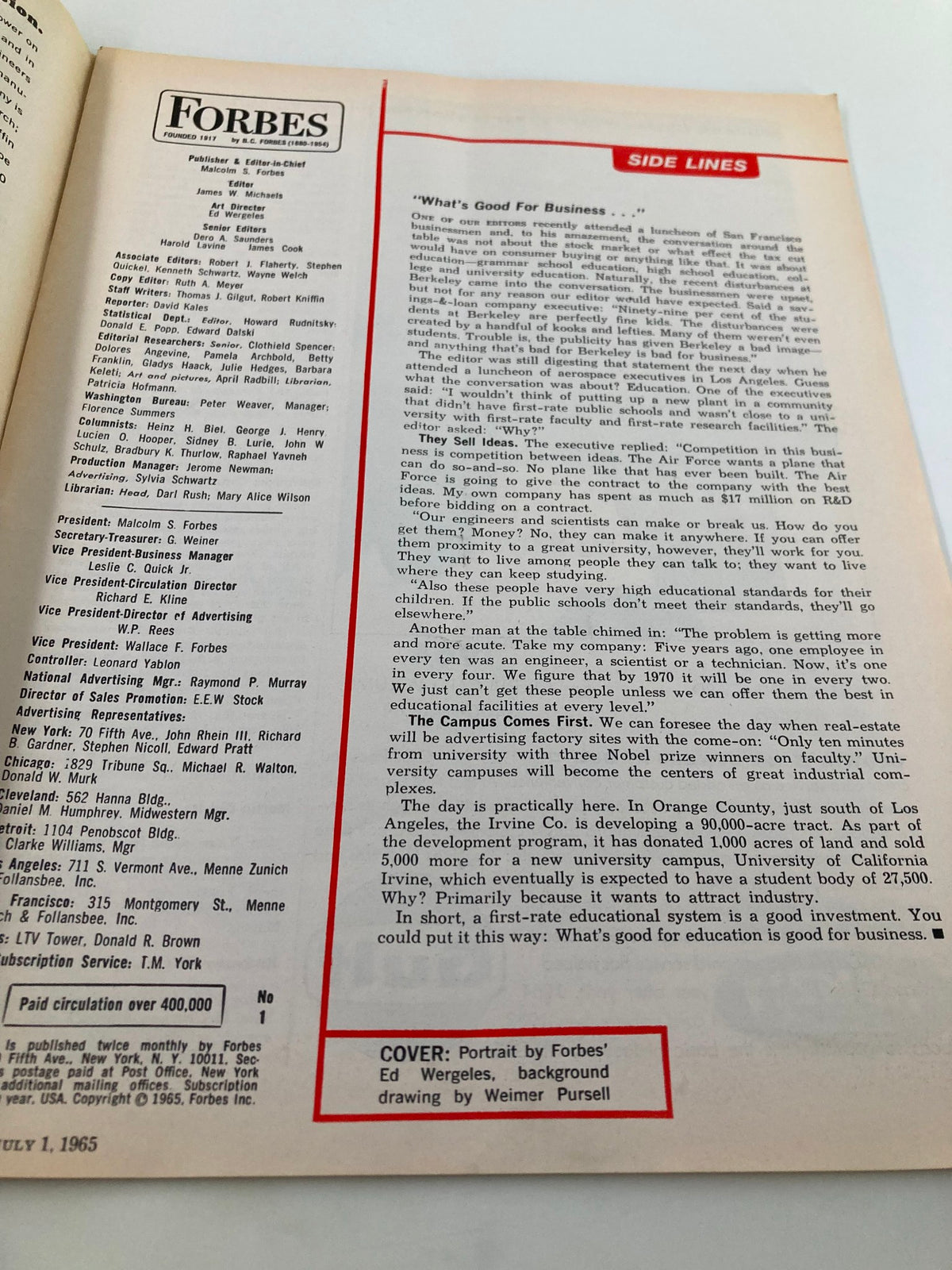 Inside page of VTG Forbes Magazine July 1, 1985, displaying the editorial team with an article preview, showcasing the publication's historical context.