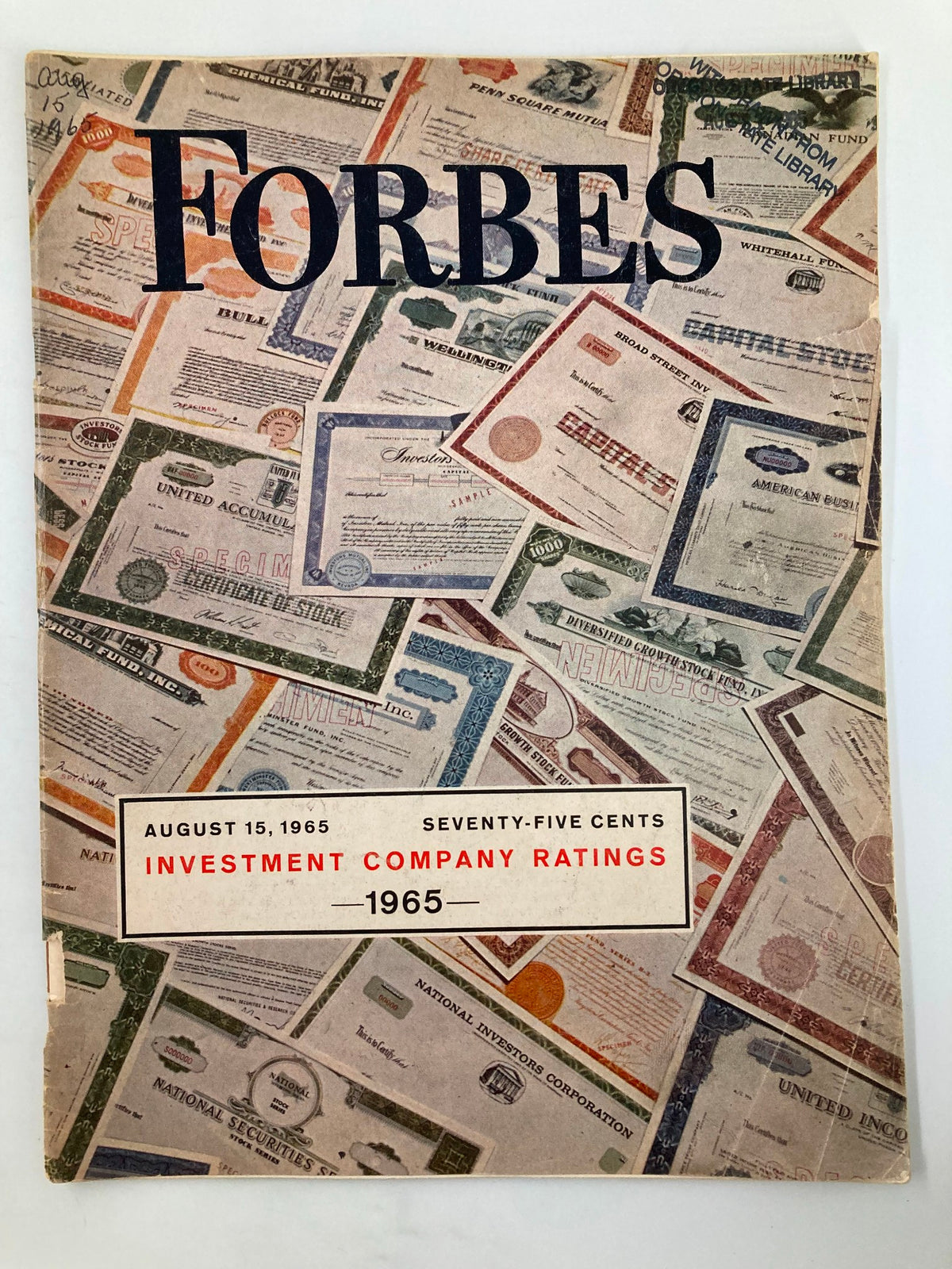 VTG Forbes Magazine August 15 1965 cover featuring investment company ratings with various stock certificates in the background.