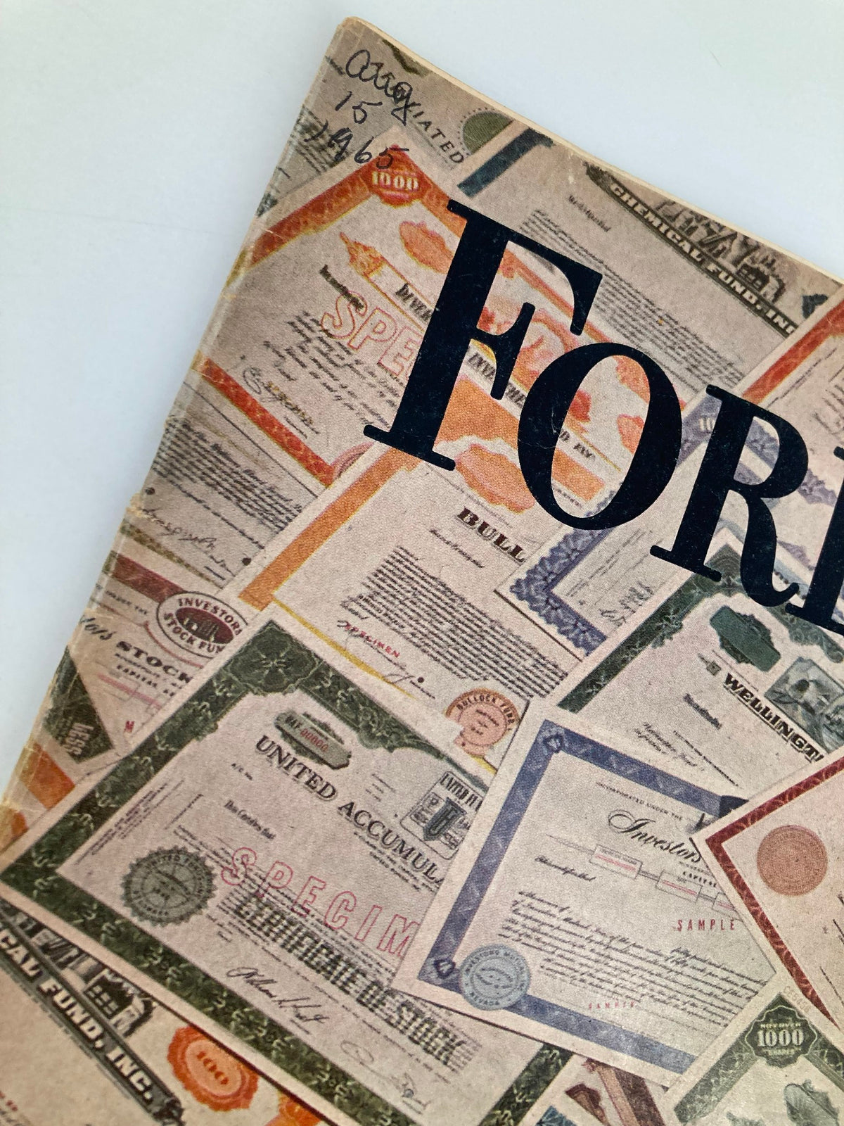 Cover detail of VTG Forbes Magazine August 15 1965 featuring various investment certificates and the title Forbes.