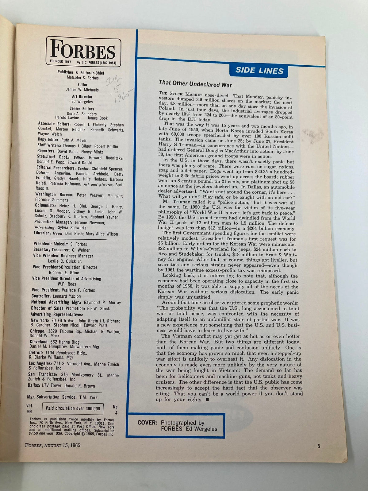 Interior page of VTG Forbes Magazine August 15 1965 highlighting editorial information and commentary on economic conditions.
