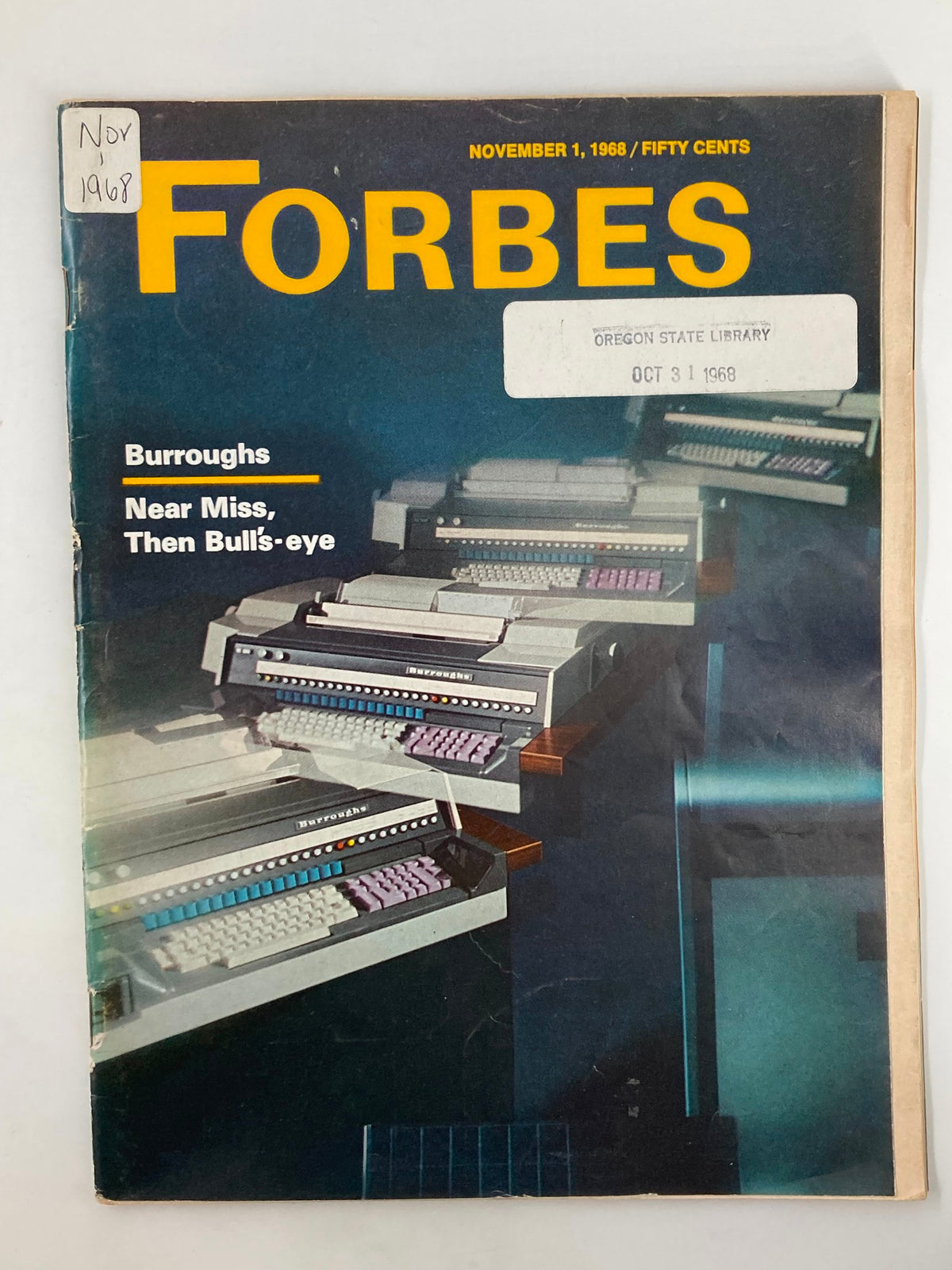VTG Forbes Magazine November 1 1968 cover featuring Burroughs: Near Miss Then Bull's-eye, showcasing retro computing technology and magazine details.