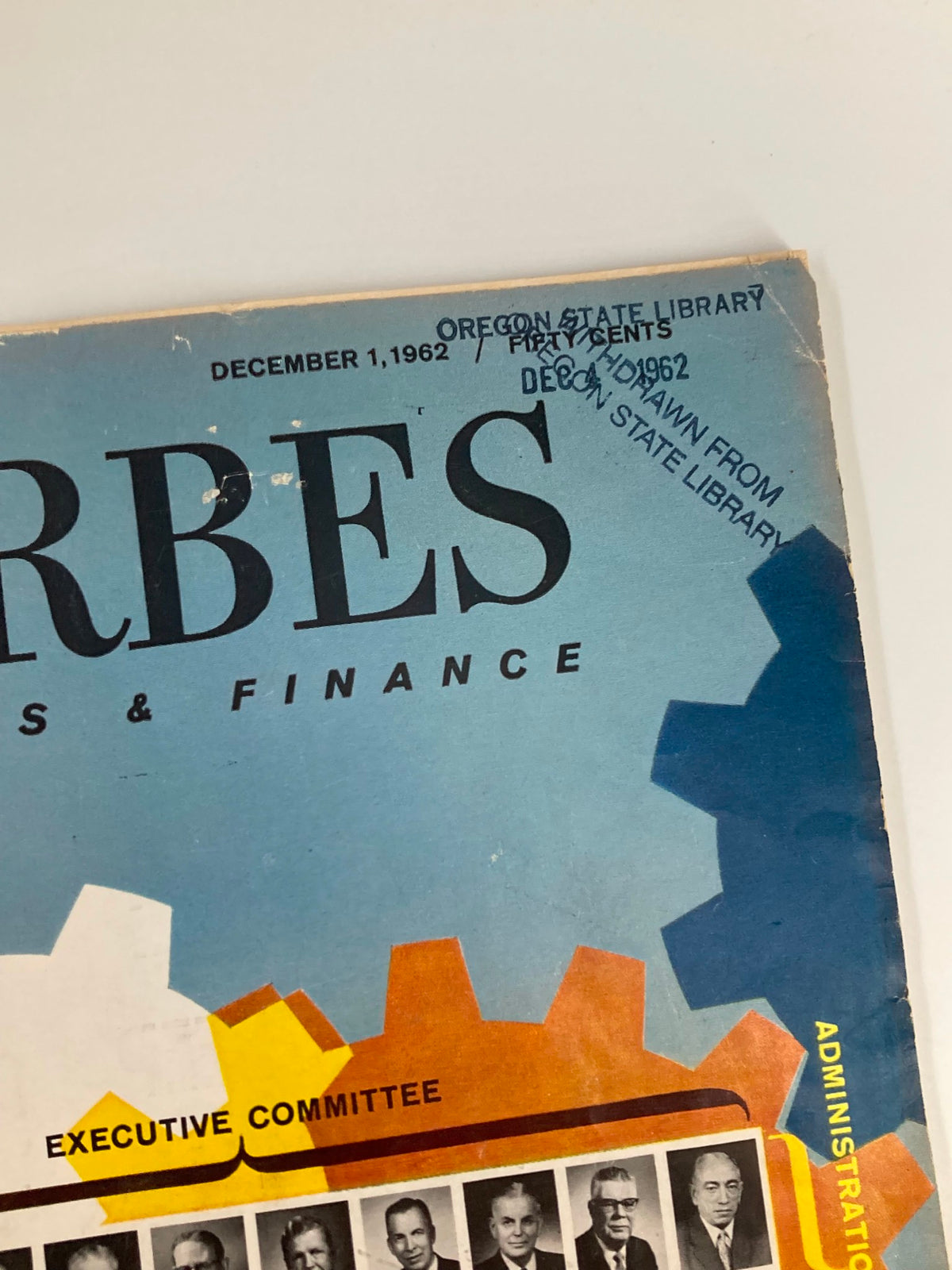 Detailed image showing the upper part of the cover of VTG Forbes Magazine December 1, 1962, with library markings and the issue date.