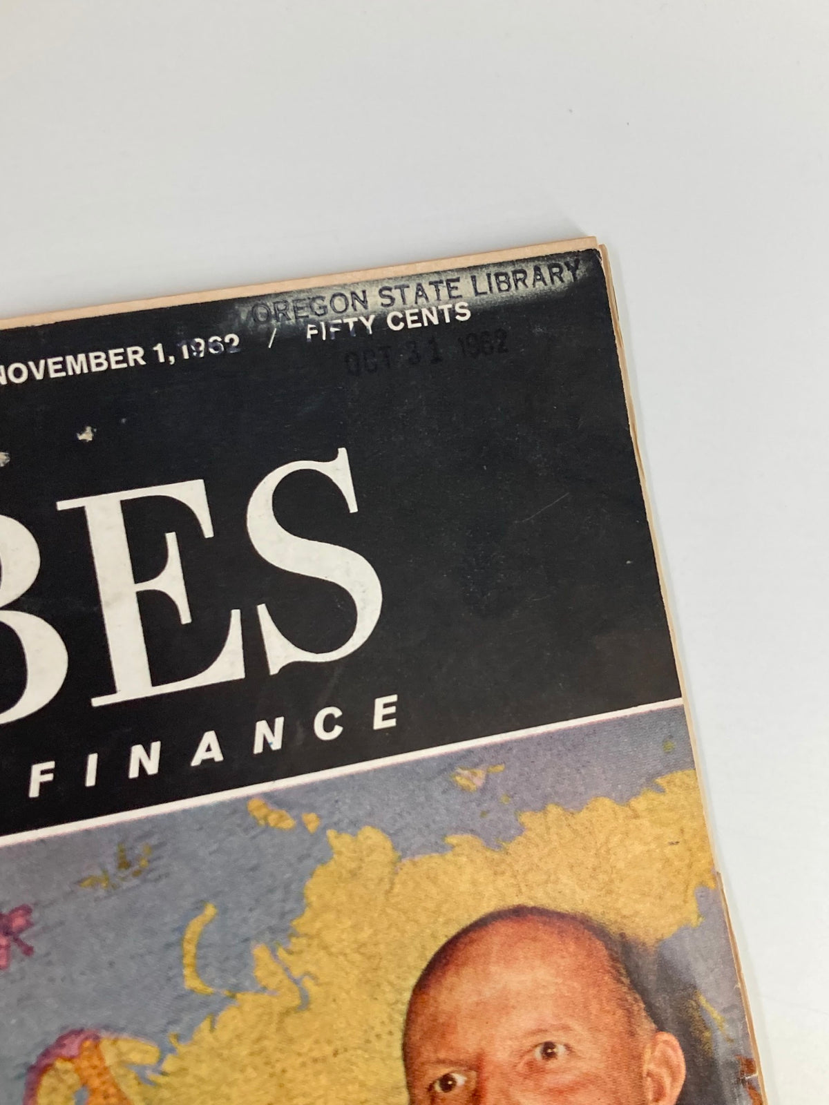 Close-up of the top of the cover of VTG Forbes Magazine from November 1, 1962, displaying the publication title and date, highlighting its historical significance.