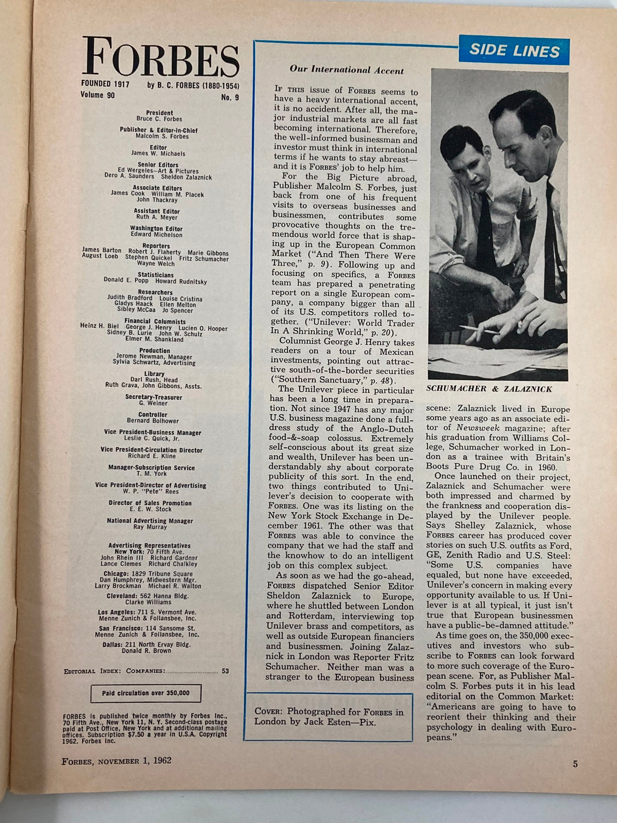 Interior page of the vintage Forbes Magazine from November 1, 1962, displaying contents and contributors.