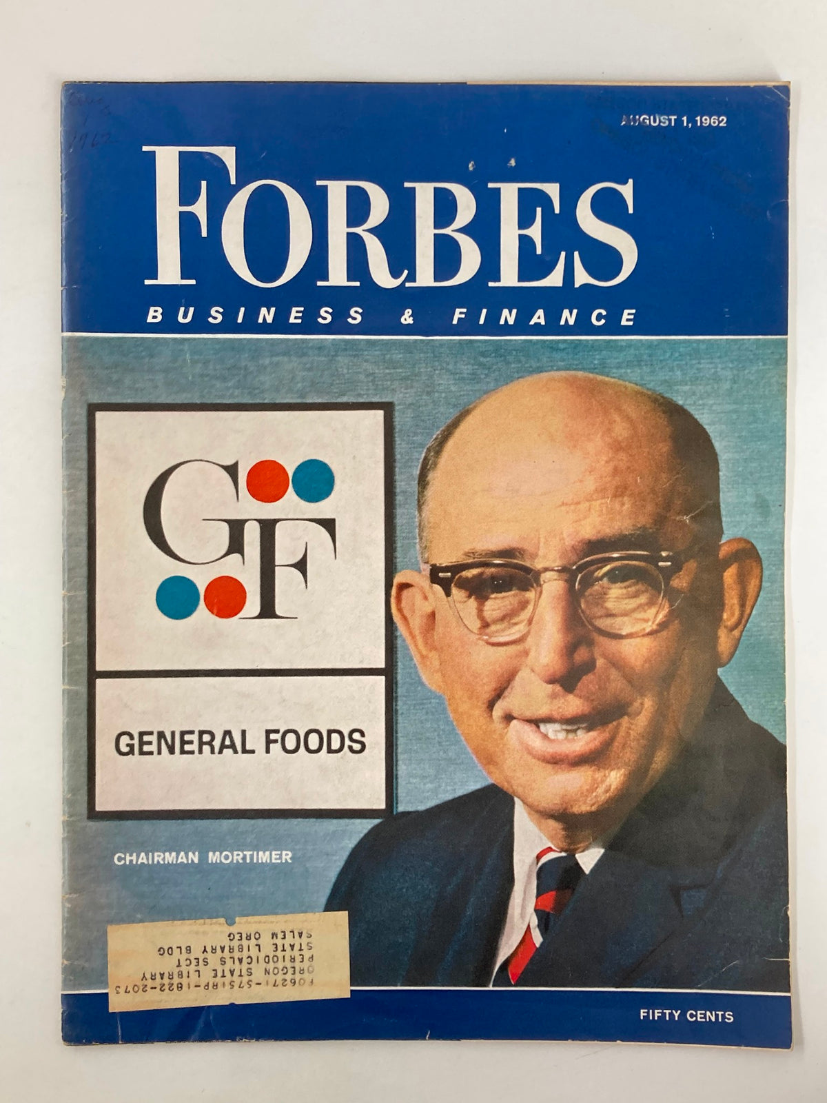 Cover of VTG Forbes Magazine from August 1, 1962 featuring General Foods Chairman Charles G. Mortimer, highlighting business insights and finance.