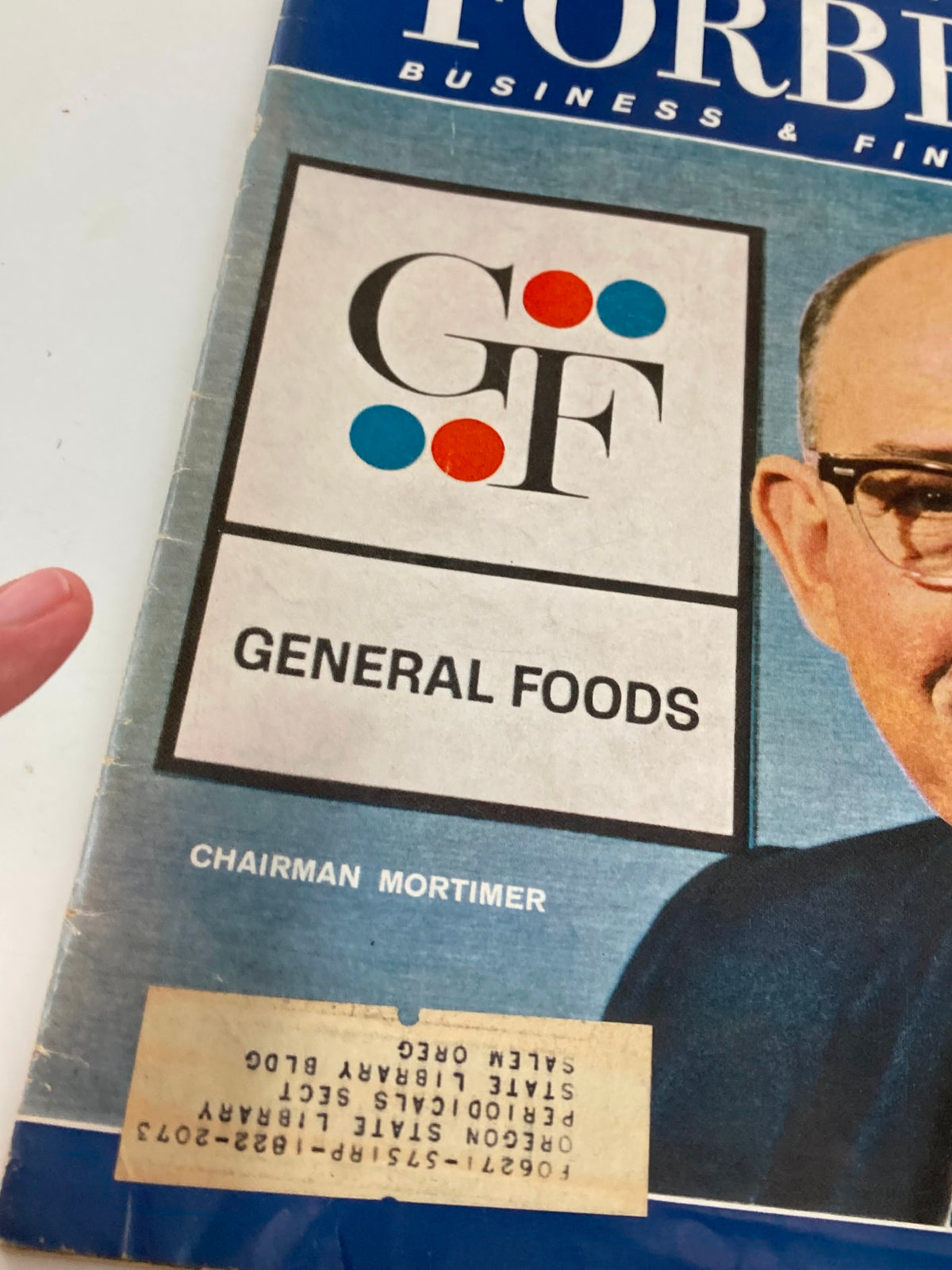 Close-up of the cover of VTG Forbes Magazine from August 1, 1962, showcasing the General Foods logo and Chairman Mortimer's portrait.