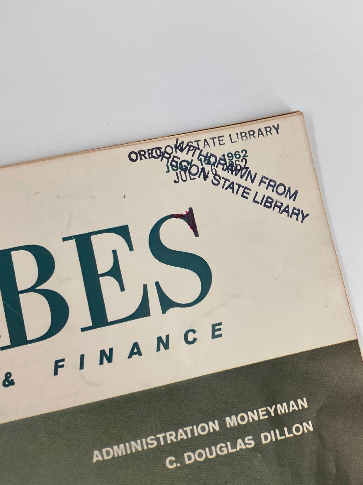 Detail of the VTG Forbes Magazine July 15 1962 highlighting the stamp indicating it as an item withdrawn from the Oregon State Library.