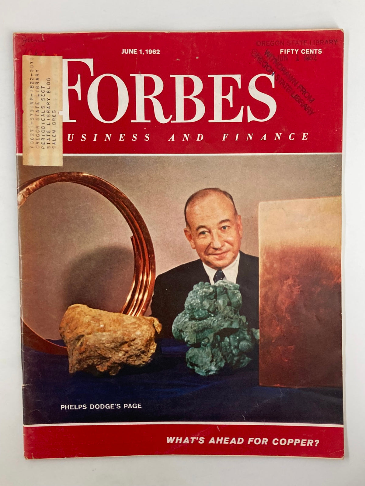 Cover of VTG Forbes Magazine from June 1, 1962 featuring Phelps Dodge's Page: What's Ahead for Copper?