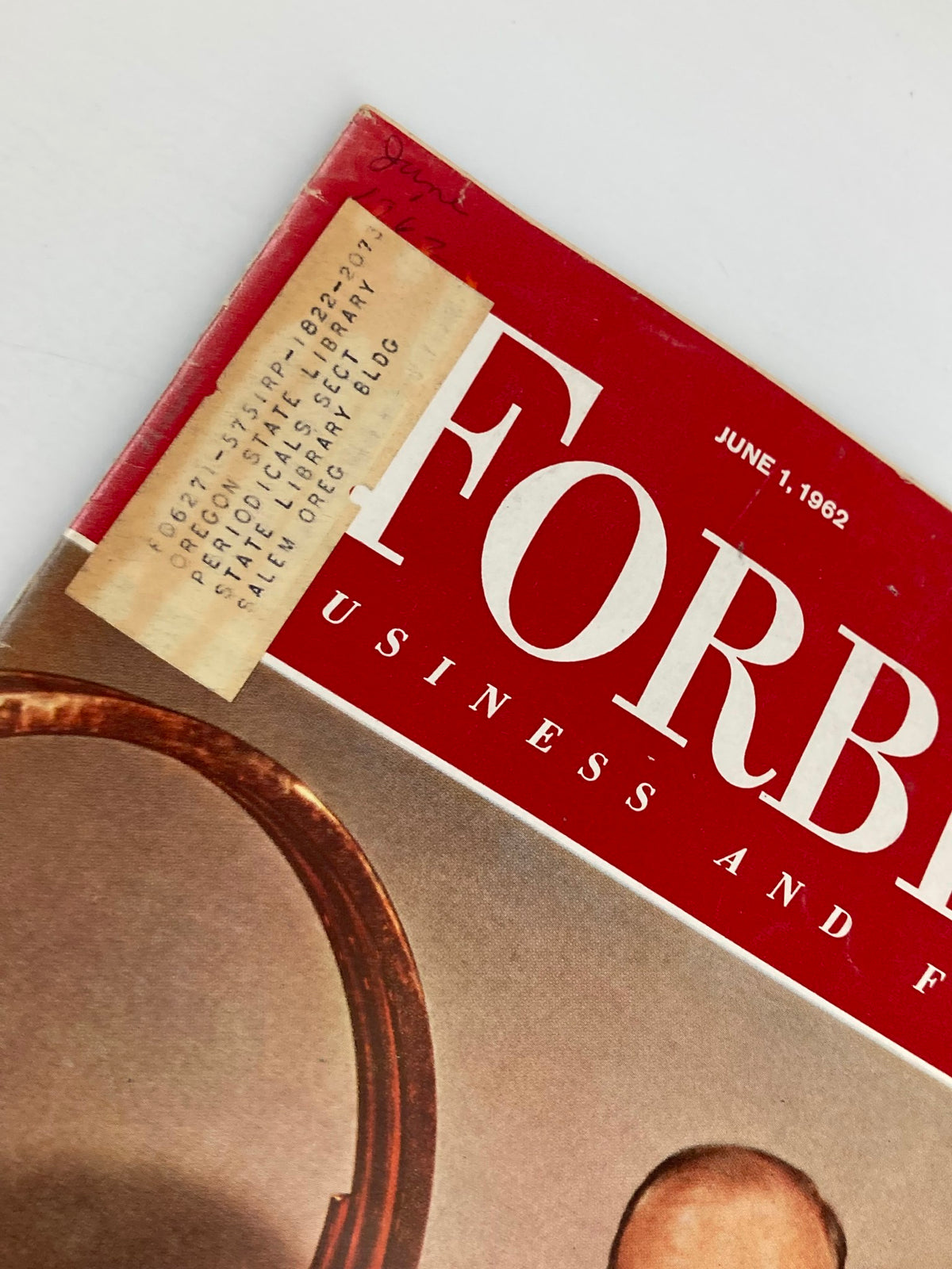 Detail of the side of VTG Forbes Magazine June 1, 1962 displaying library sticker and publication information.